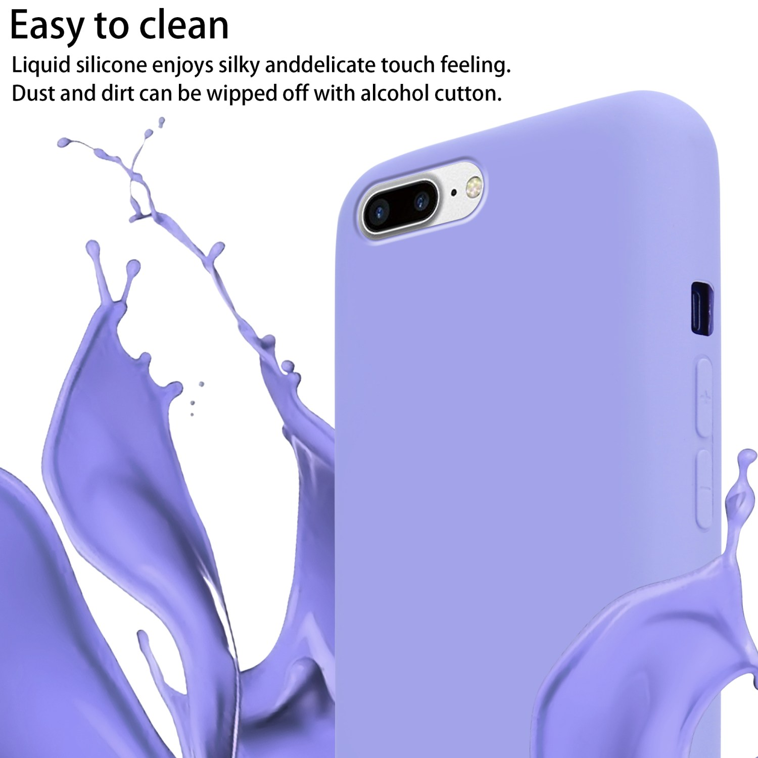 Una custodia per telefono viola chiaro con un telefono all'interno. La custodia ha uno spruzzo di liquido viola.