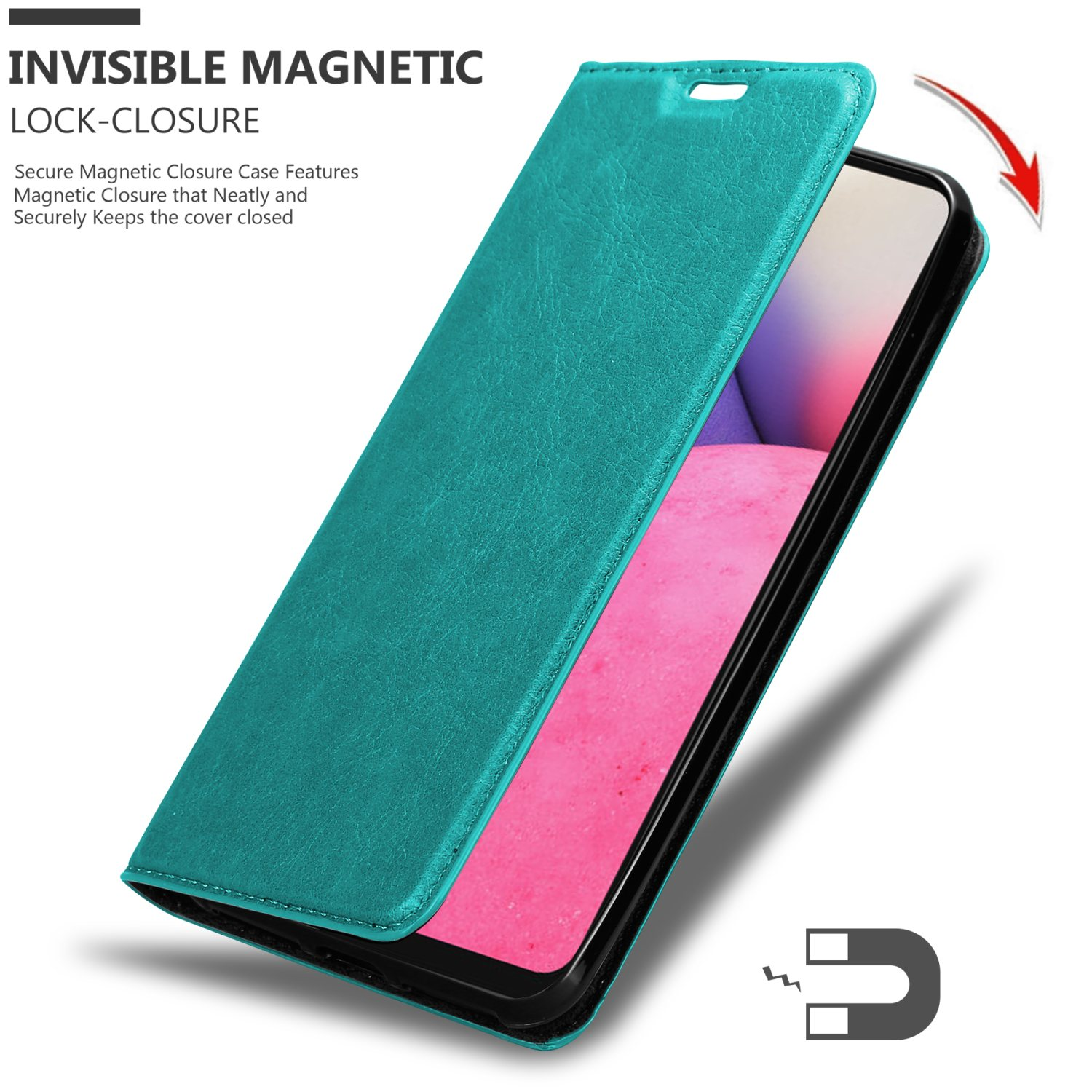 Custodia per telefono verde acqua, aperta, con telefono all'interno. Il testo dice: 'Chiusura magnetica invisibile'. Viene mostrato un magnete.