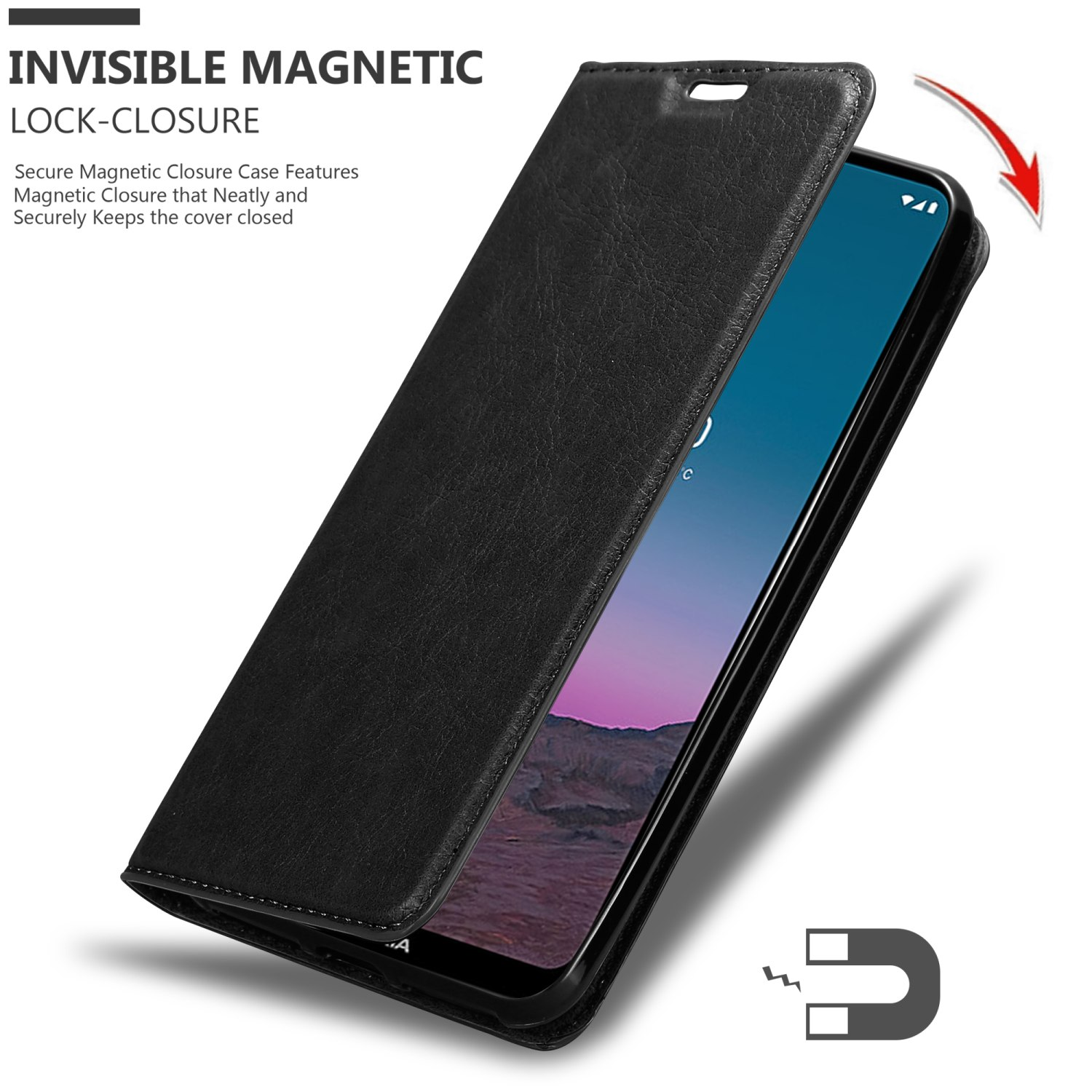 Custodia nera parzialmente aperta, mostra lo schermo del telefono con grafica magnetica.