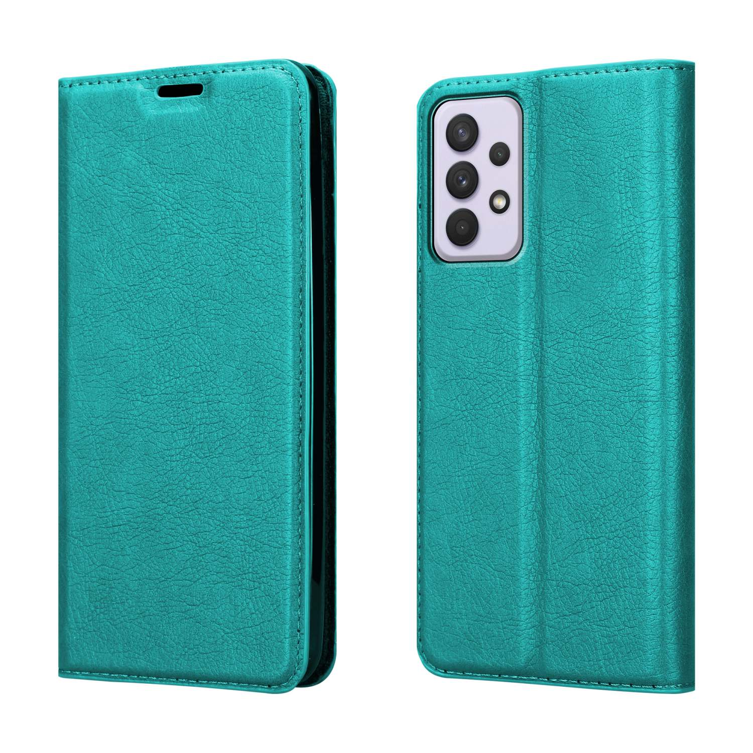 Due custodie per telefono color verde acqua, aperte e chiuse. La custodia aperta mostra un telefono. Le custodie hanno una texture in pelle.