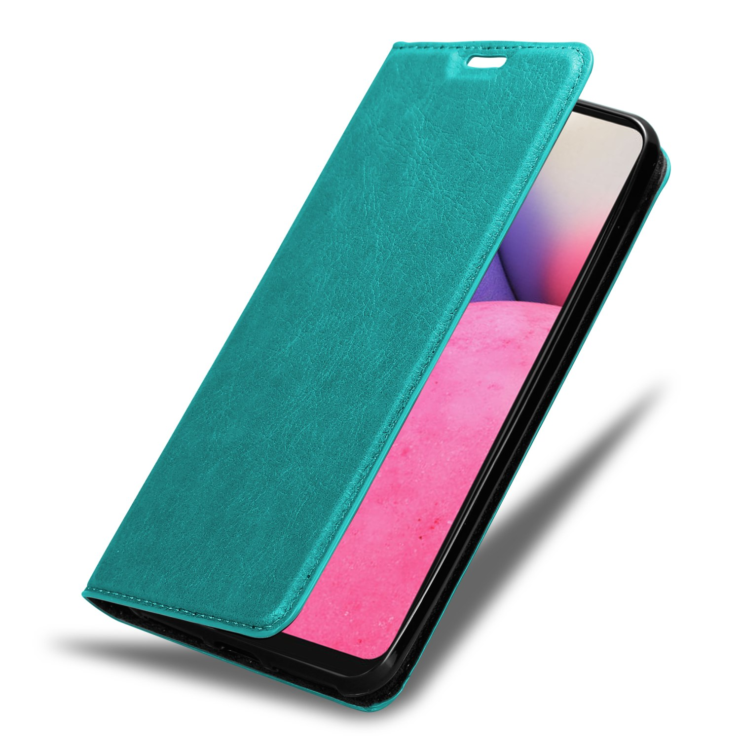 Custodia per telefono verde acqua aperta, che mostra lo schermo del telefono. Schermo rosa.