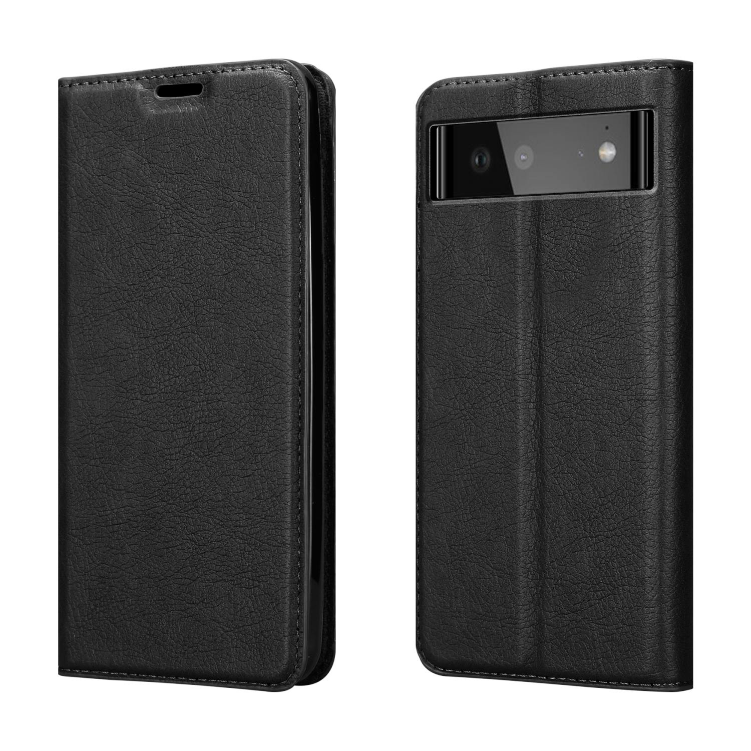 Eine schwarze Leder-Handyhülle, offen, mit einem Telefon darin. Beide Seiten der Hülle werden gezeigt.