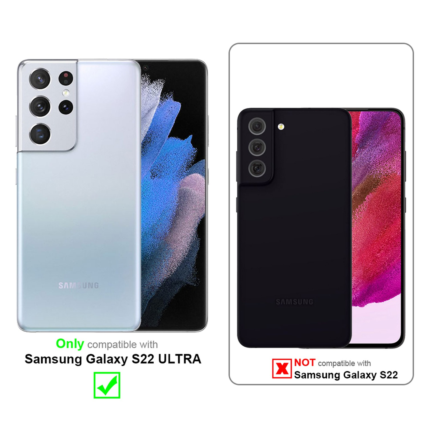 Zwei Telefone, eins kompatibel mit S22 Ultra, das andere nicht mit S22, Vergleich.