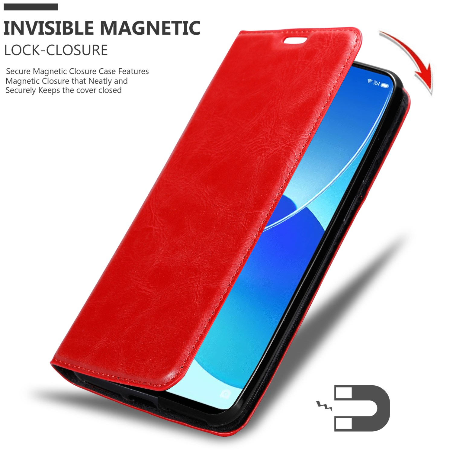 Custodia rossa con chiusura magnetica. Il telefono è dentro. Mostra la chiusura.
