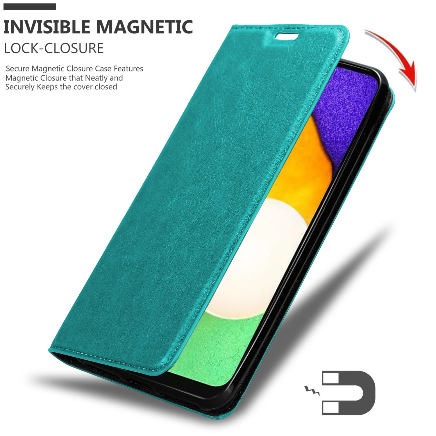 Custodia per telefono turchese con chiusura magnetica invisibile, aperta, che mostra il telefono.