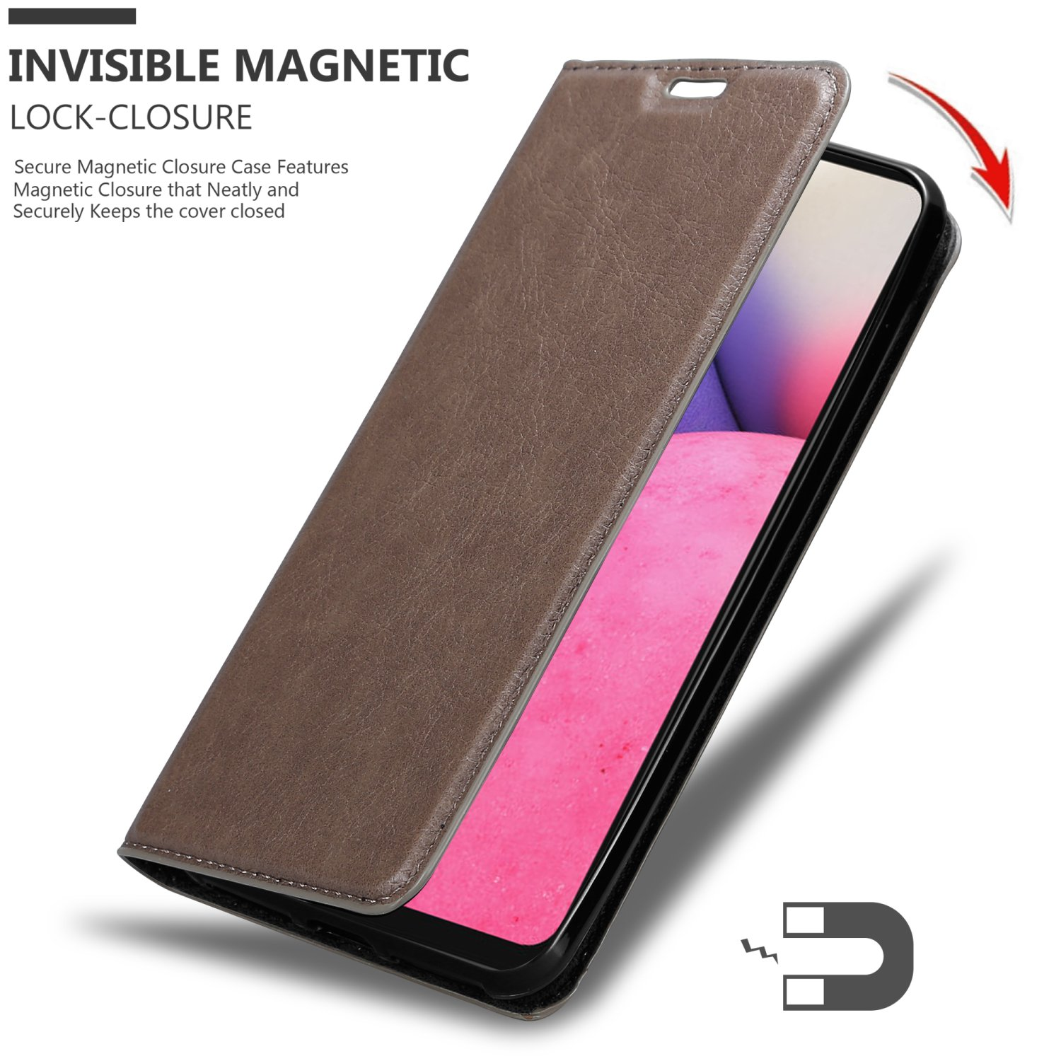 Custodia per telefono marrone, telefono visibile, con la scritta 'blocco magnetico invisibile'.