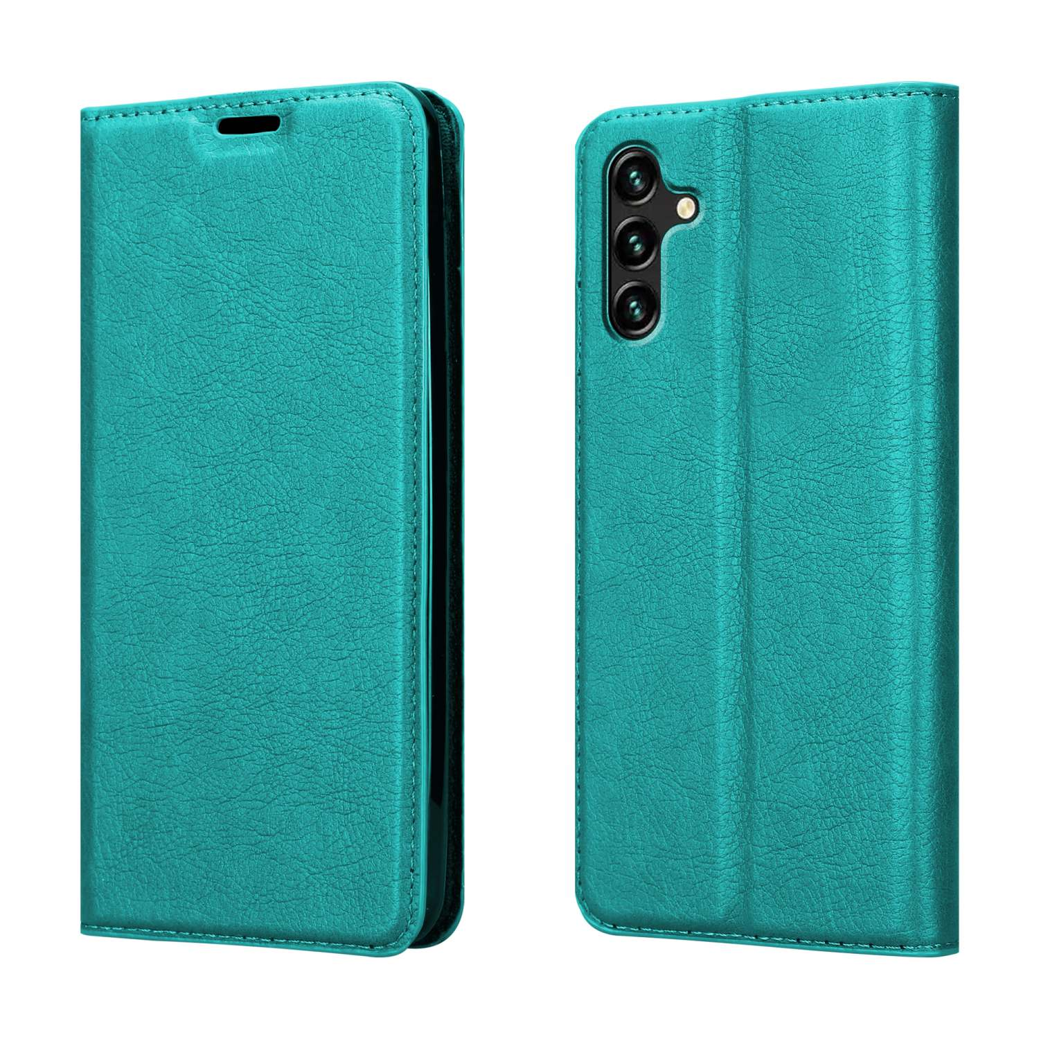 Due custodie per telefoni in pelle verde acqua. Una chiusa, l'altra aperta, che mostra la fotocamera e lo schermo.