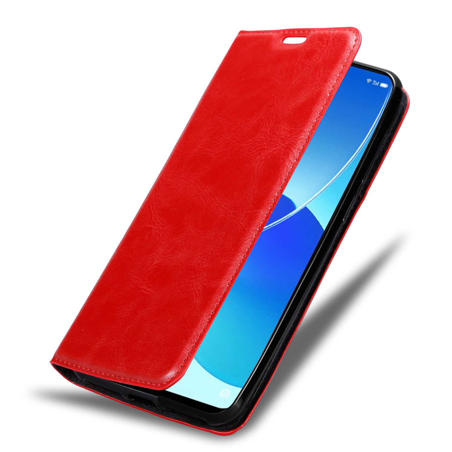 Custodia per telefono rossa, aperta, che mostra un telefono con lo schermo visibile. La custodia è simile alla pelle.