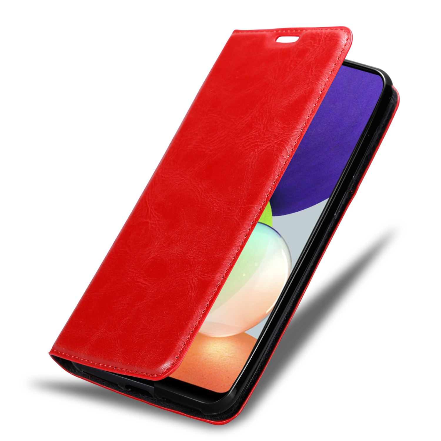 Eine rote Handyhülle, teilweise geöffnet. Der Telefonbildschirm ist sichtbar, mit weißem Hintergrund und schwarzem Rand.