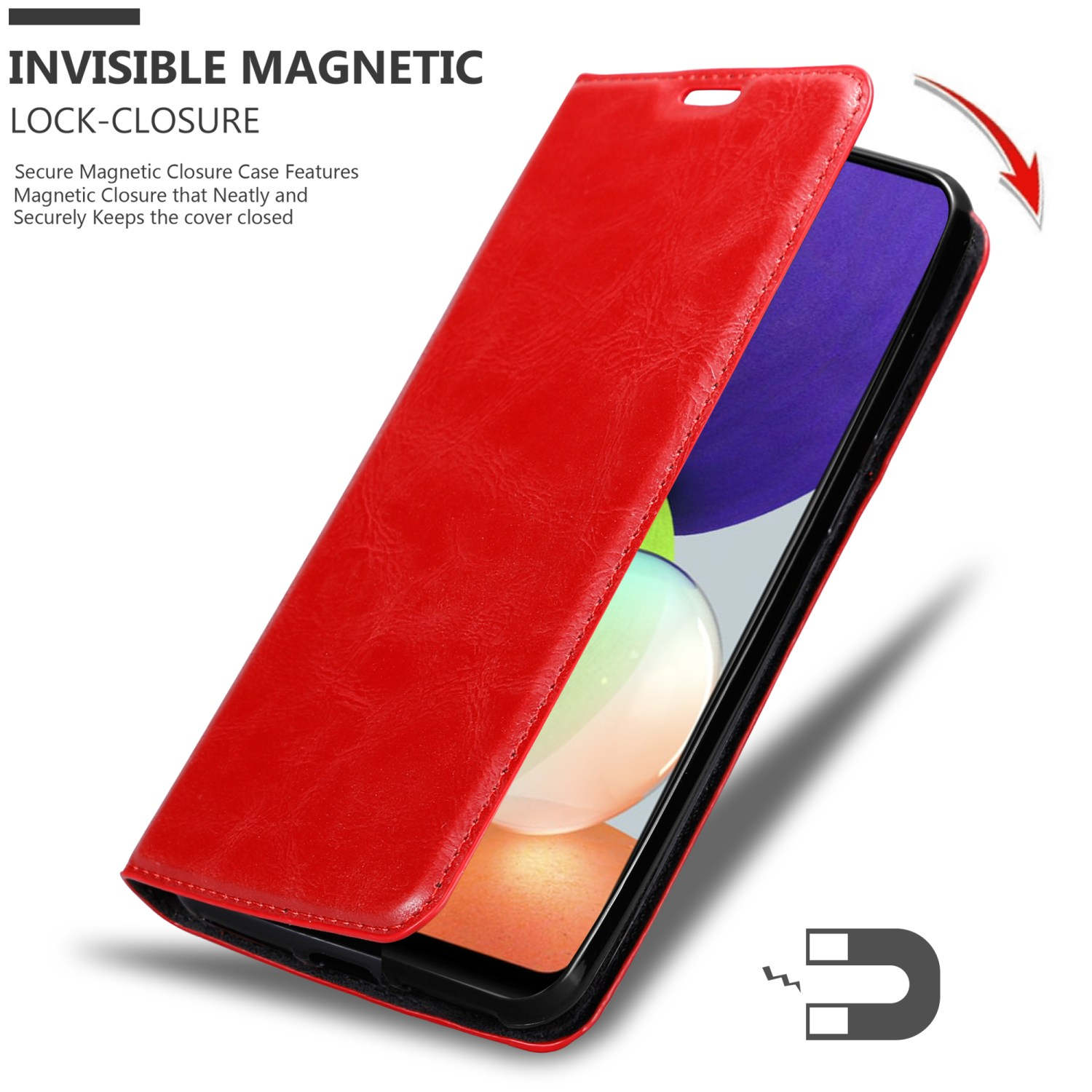 Custodia rossa per telefono con telefono all'interno. Chiusura magnetica. Freccia indica la chiusura.