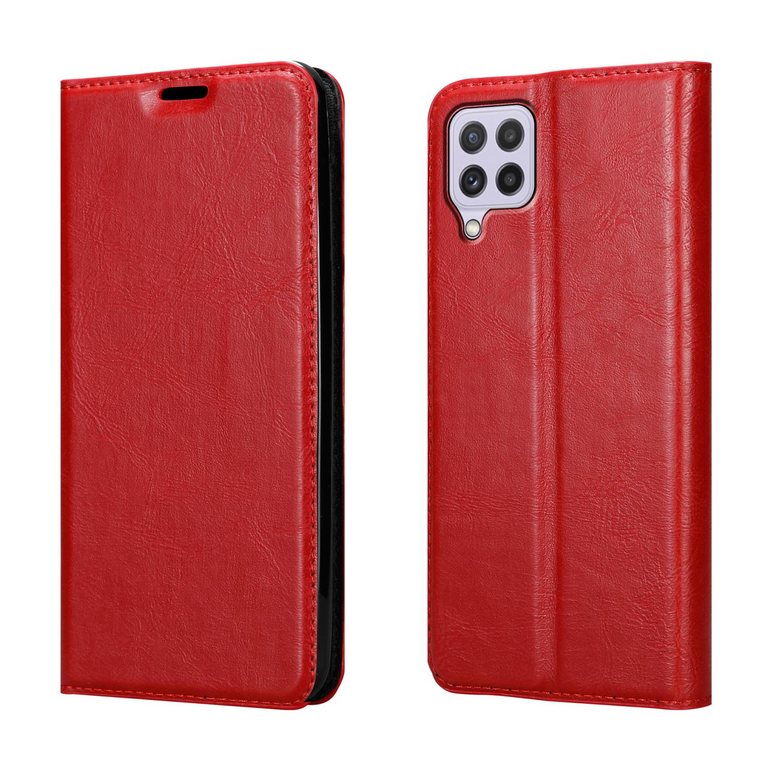 Custodia rossa per telefono, aperta. Telefono nella custodia. Doppia fotocamera visibile.