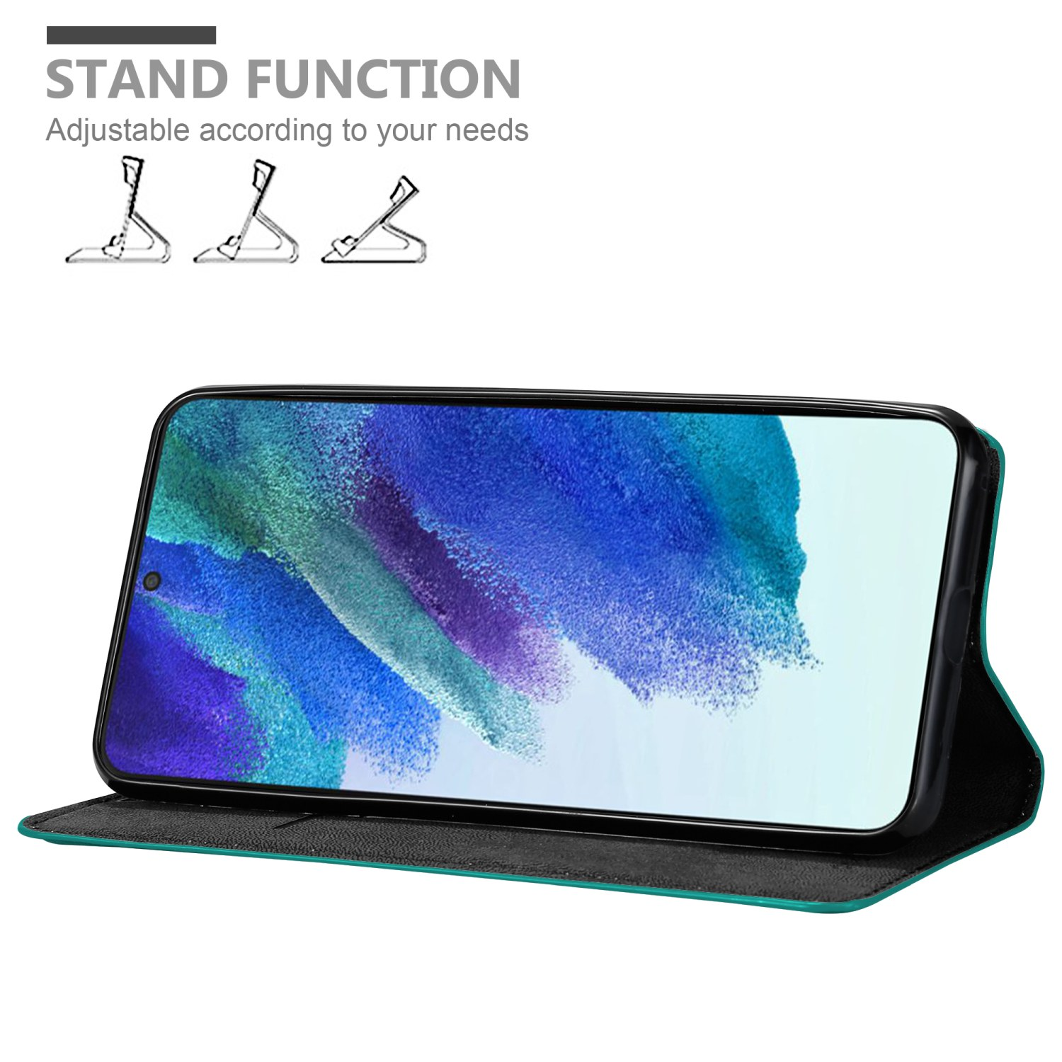 Custodia per telefono verde acqua con funzione supporto. Un telefono è mostrato in modalità orizzontale, mostrando uno schermo blu.