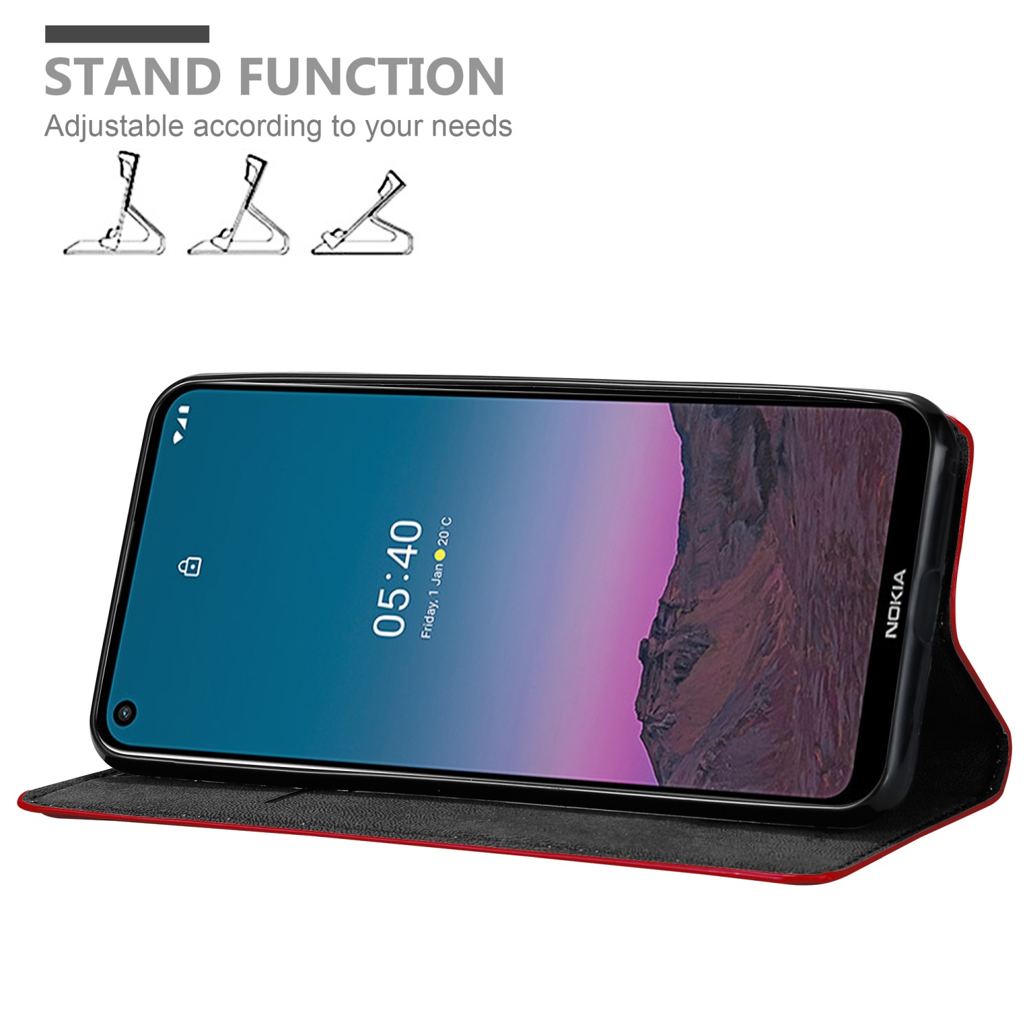 Telefon in roter Hülle in stehender Position. Text: Standfunktion. Drei abgewinkelte Stand-Illustrationen werden gezeigt.