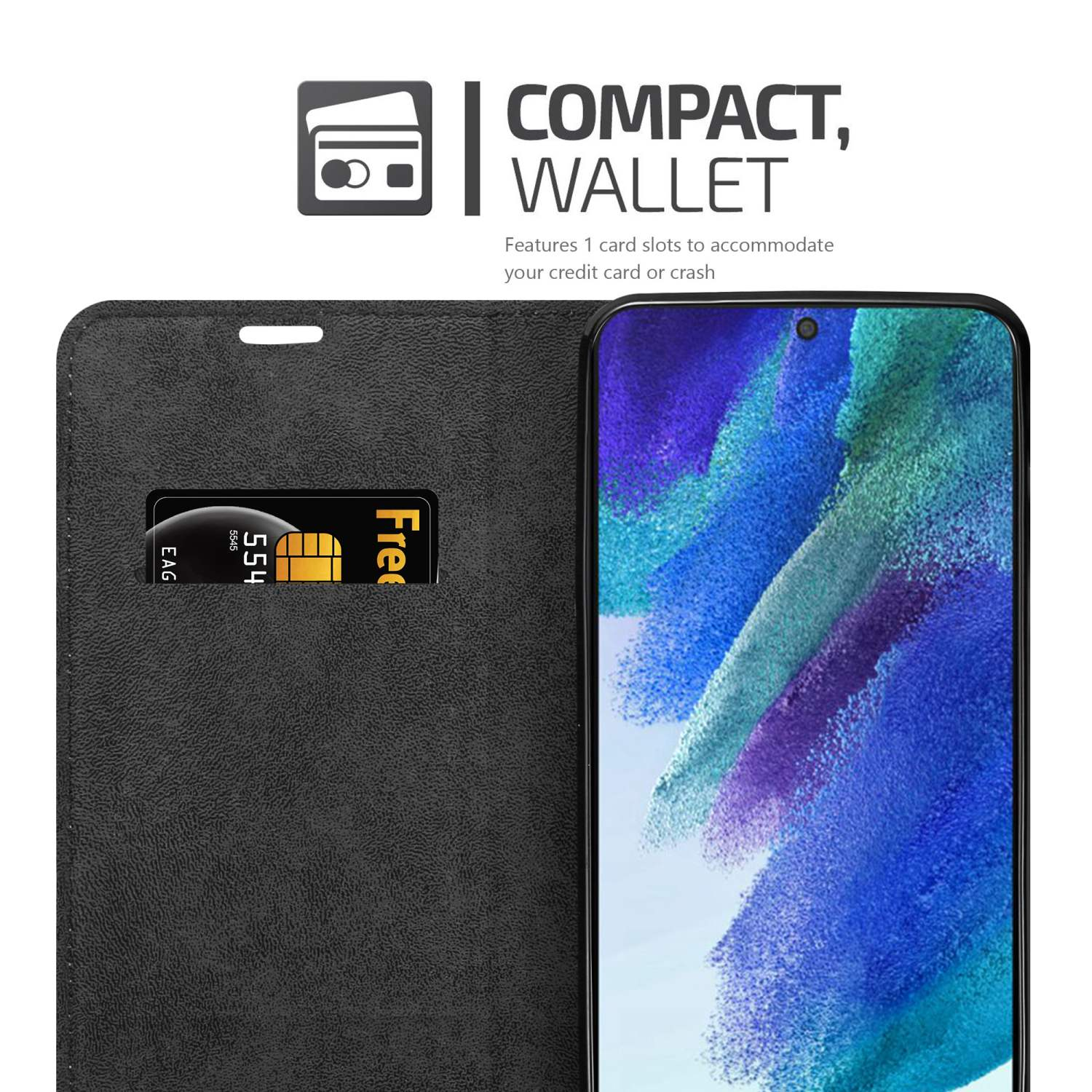 Custodia per telefono nera con fessura per carte, carta di credito e schermo del telefono con sfondo blu.