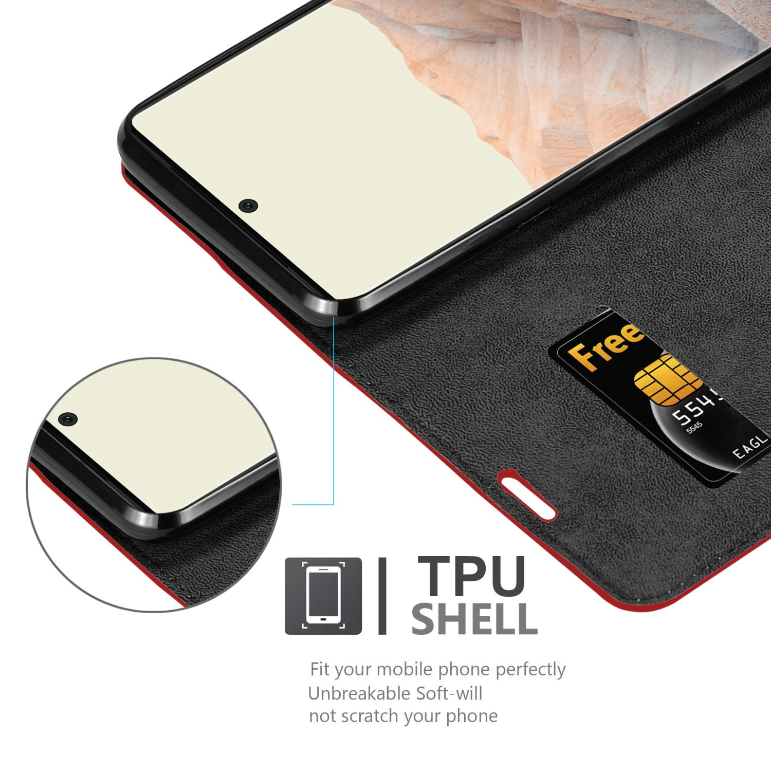 Custodia nera per telefono con telefono, che mostra una carta di credito nella fessura. TPU.