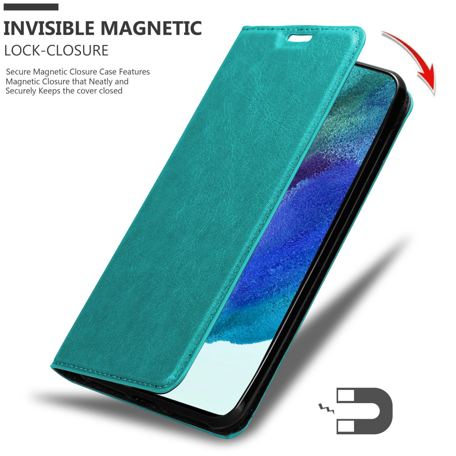 Una custodia per telefono turchese è aperta, rivelando lo schermo di un telefono. Viene mostrata una grafica di chiusura magnetica.