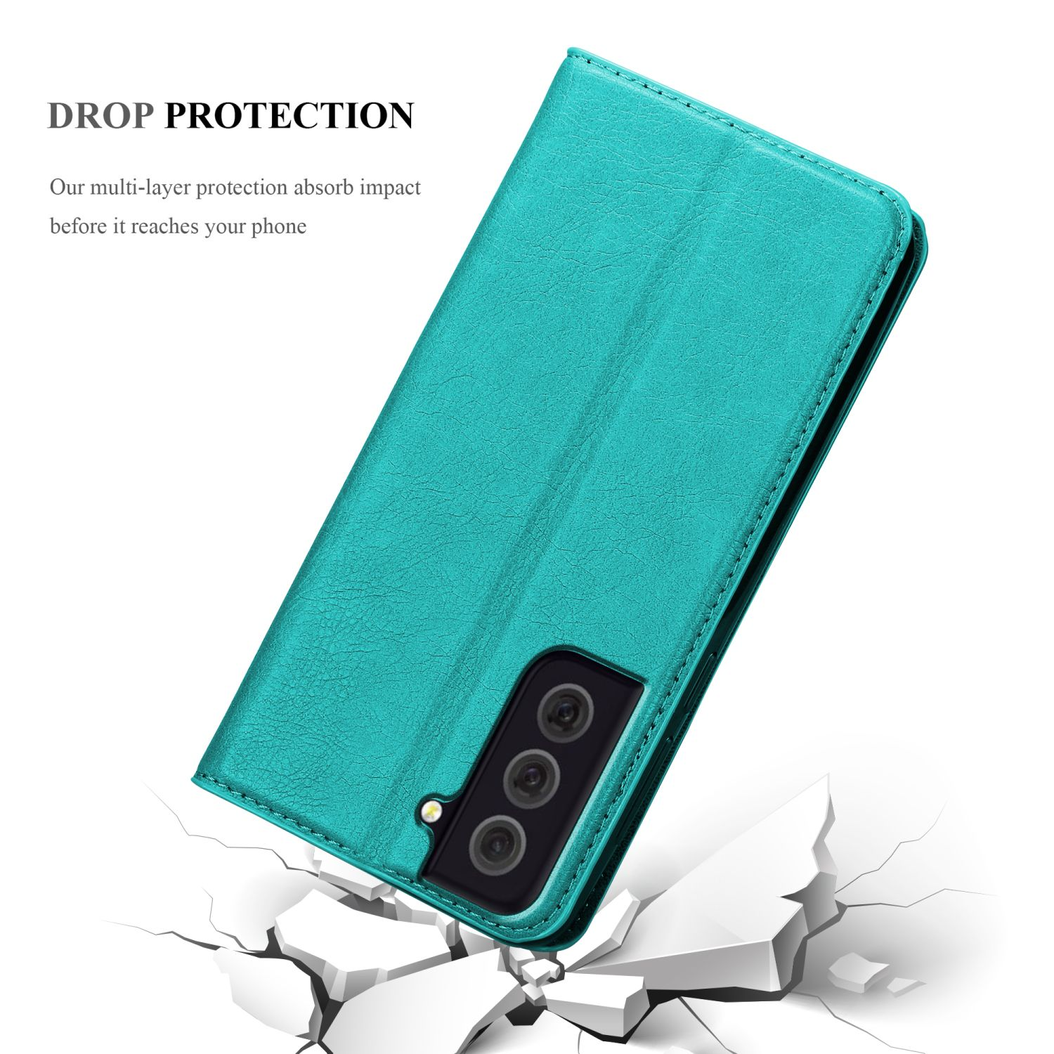 Una custodia per telefono verde acqua. La custodia è aperta. Testo: 'DROP PROTECTION' e 'assorbi l'impatto prima che raggiunga il tuo telefono'.