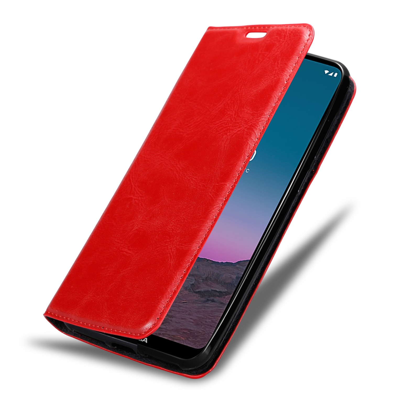 Rote Handyhülle, offen. Ein Telefon mit Bildschirm ist darin. Die Hülle ist offen, zeigt den Bildschirm.