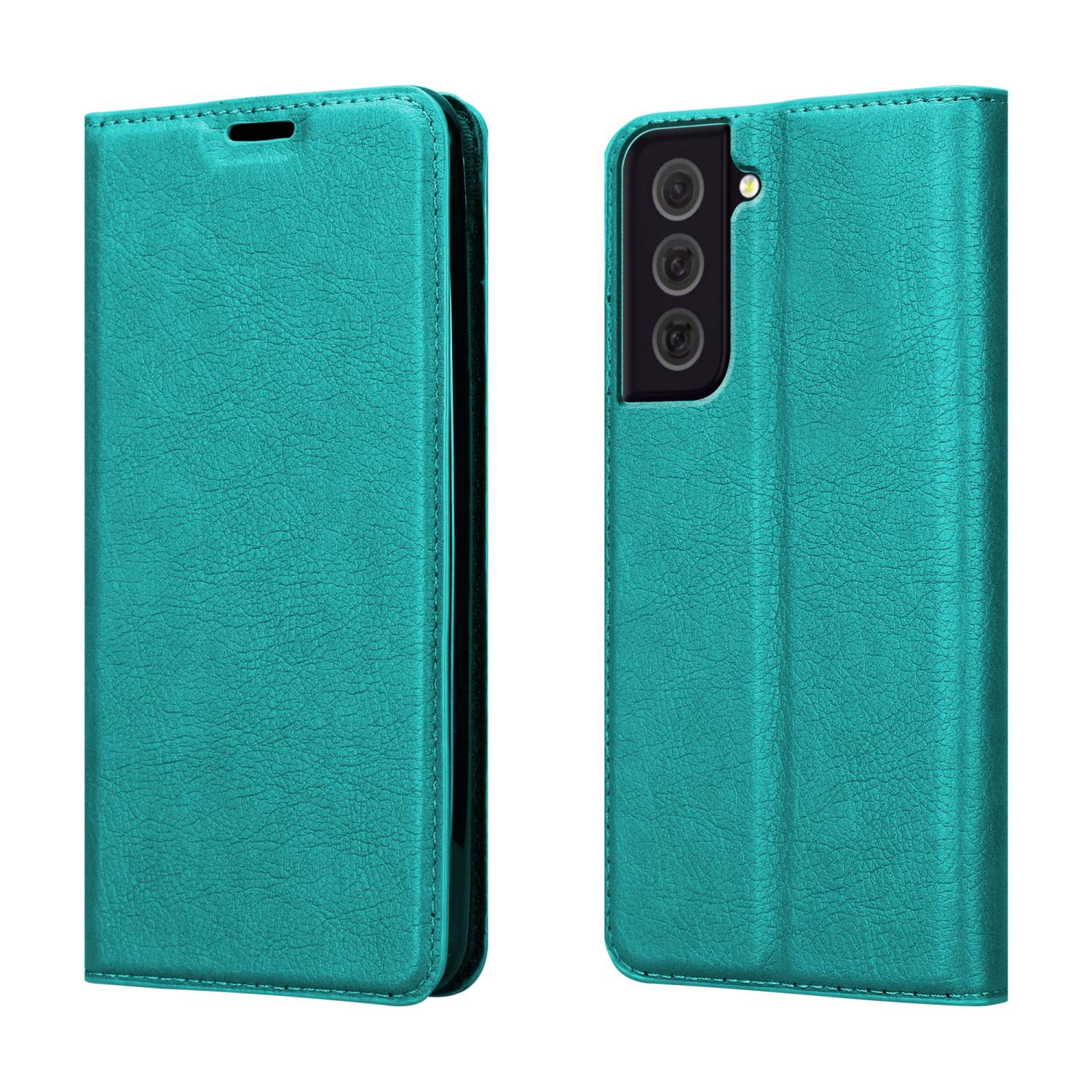 Una custodia per telefono in pelle verde acqua, chiusa a sinistra e aperta a destra, che rivela la fotocamera del telefono.