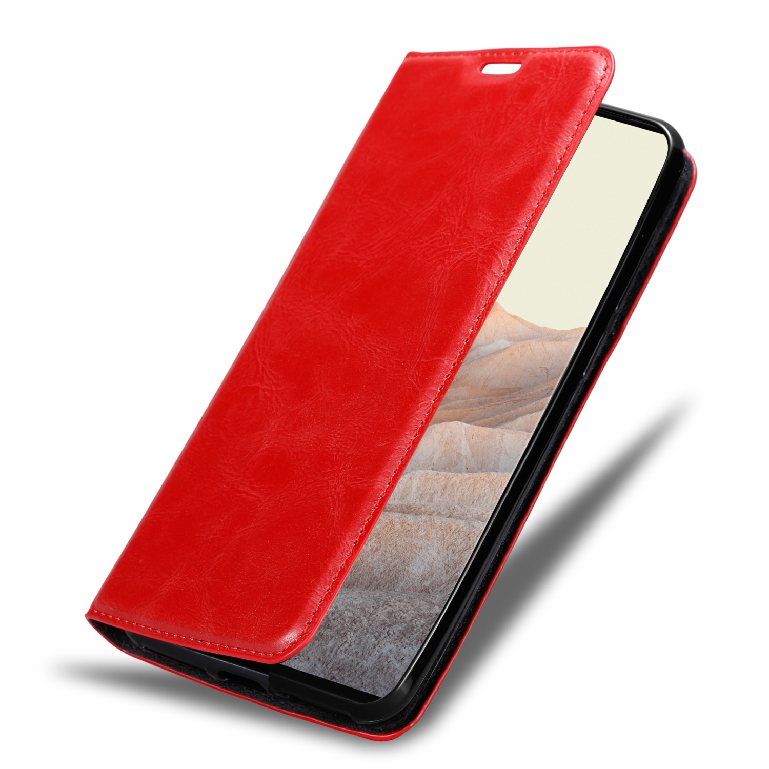 Eine rote Handyhülle, offen, um ein Smartphone mit Lederstruktur zu zeigen.
