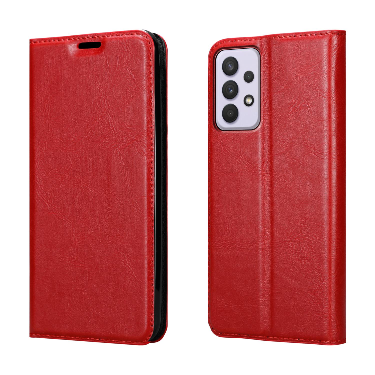 Custodia per telefono rossa, aperta e chiusa, con fotocamera del telefono visibile.