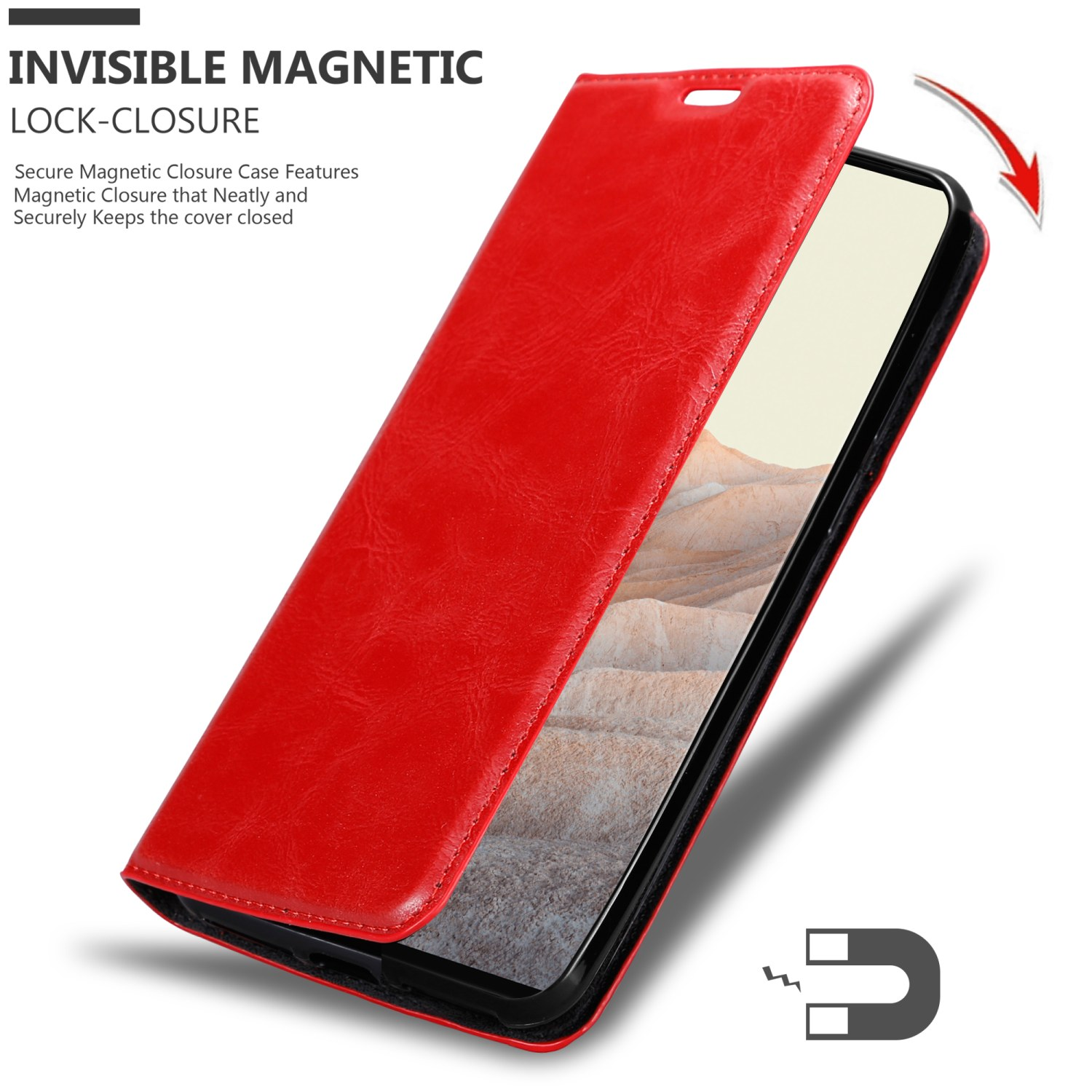 Una custodia rossa si apre, rivelando un telefono. Un magnete è mostrato come meccanismo di chiusura.