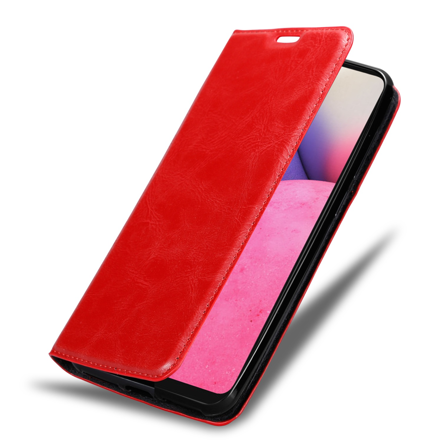 Una custodia per telefono rossa aperta, che mostra il telefono e il suo schermo, su sfondo bianco. Il telefono è visibile.