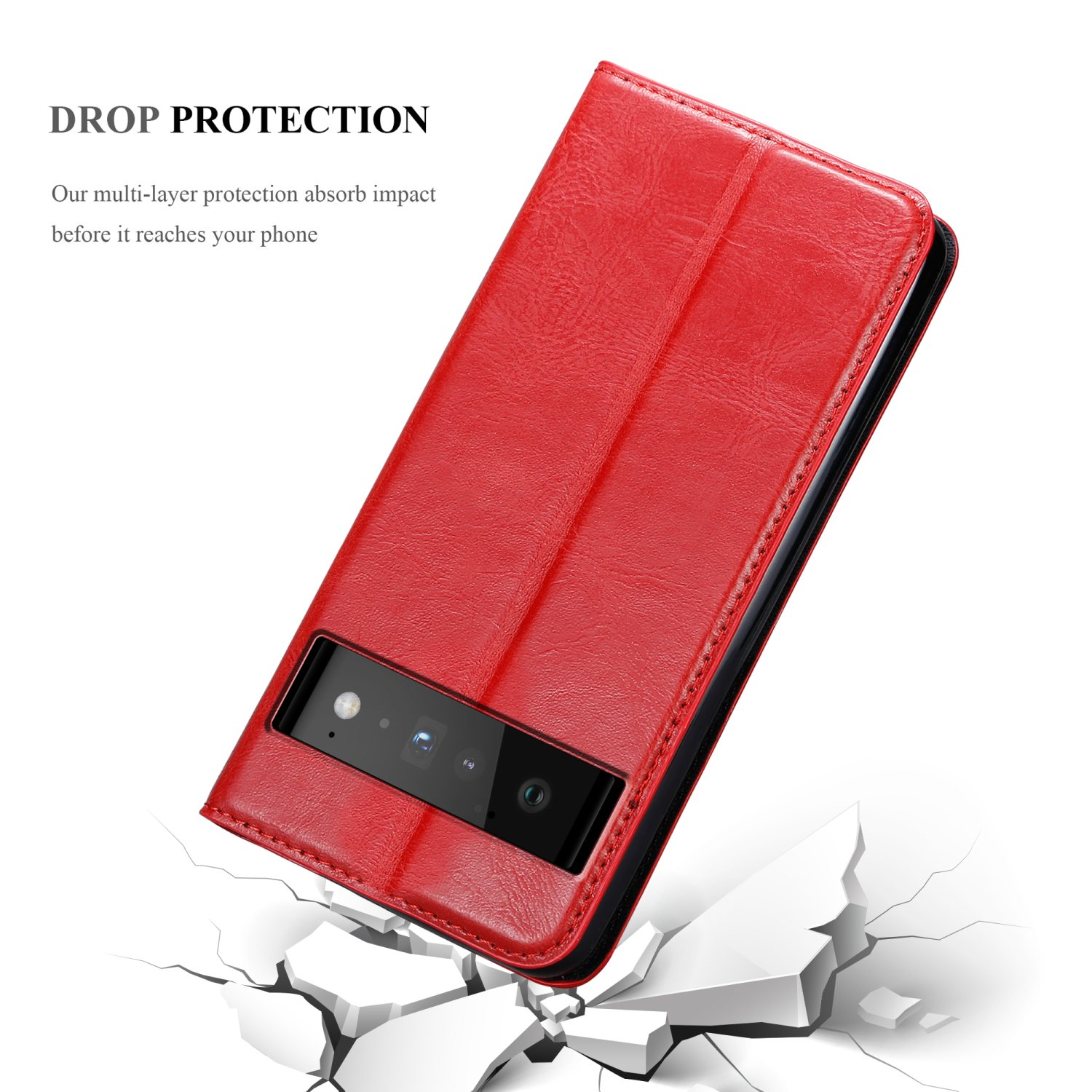 Custodia per telefono rossa con un telefono all'interno. La custodia viene fatta cadere, con crepe sul terreno. Protezione anticaduta.