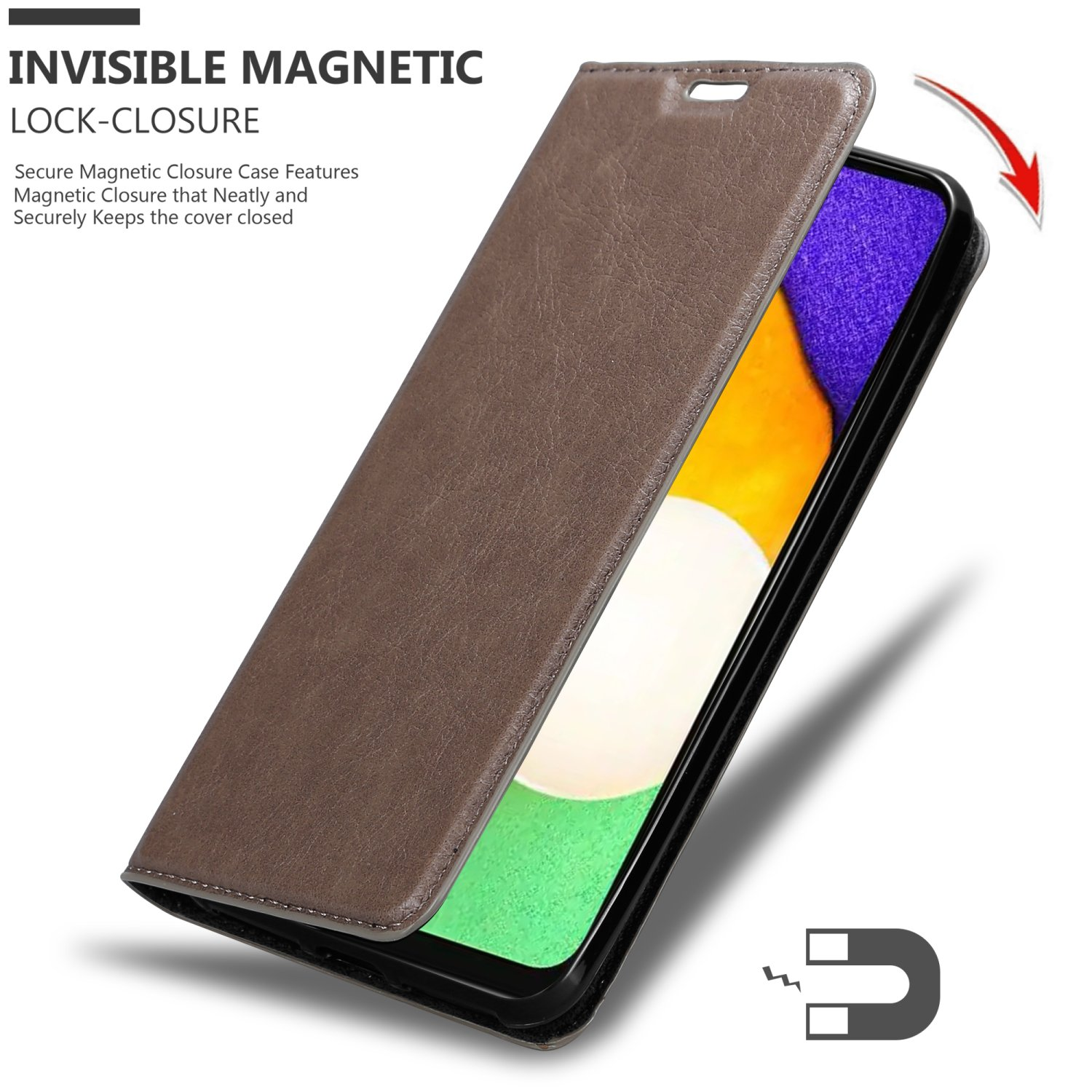 Geöffnete braune Handyhülle mit Bildschirm. Magnetischer Verschluss ist enthalten.