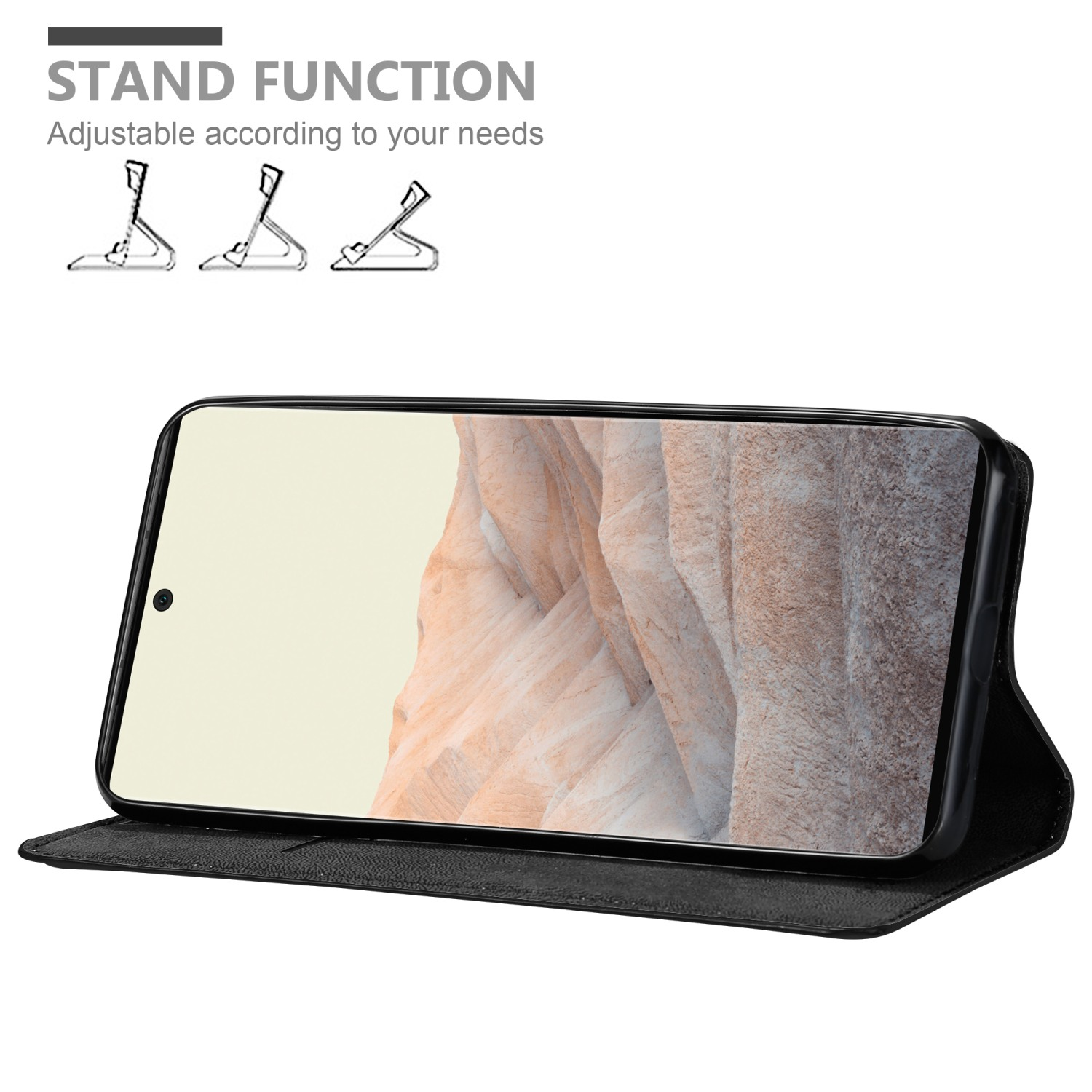 Telefono nero su custodia con supporto. Design a tre supporti. Sfondo bianco.