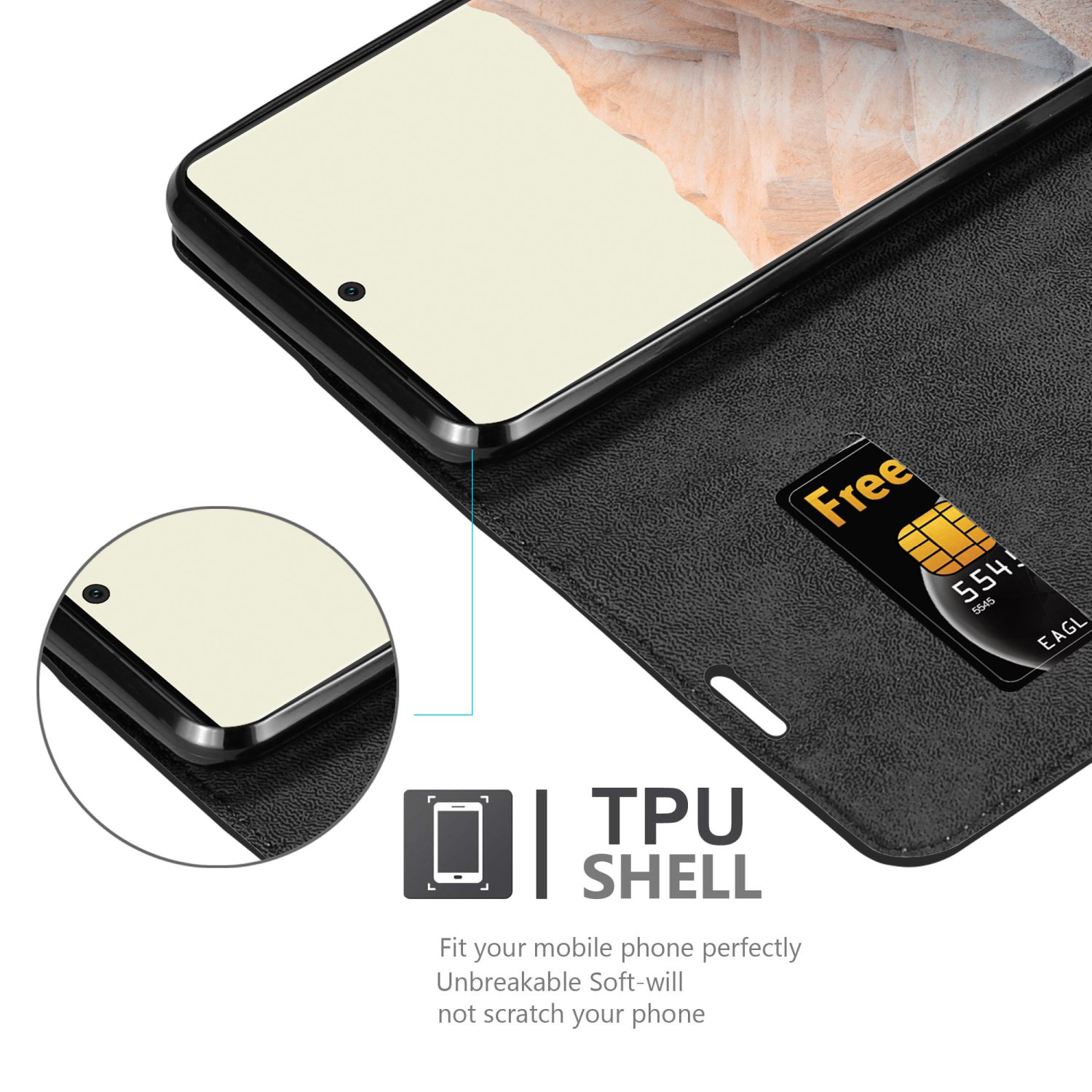 Il telefono è in una custodia nera, con uno slot per schede. Lo schermo è visibile.