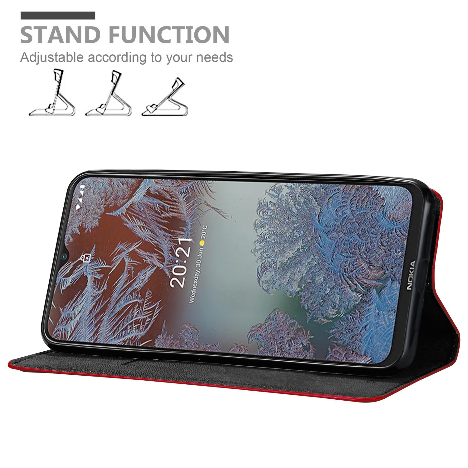 Handyhülle mit Telefon, roter Deckel. Stützfunktion gezeigt.
