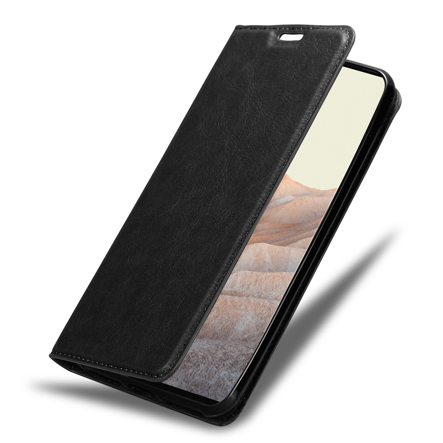 Geöffnete schwarze Handyhülle, die ein Telefon mit strukturiertem Hintergrund zeigt.