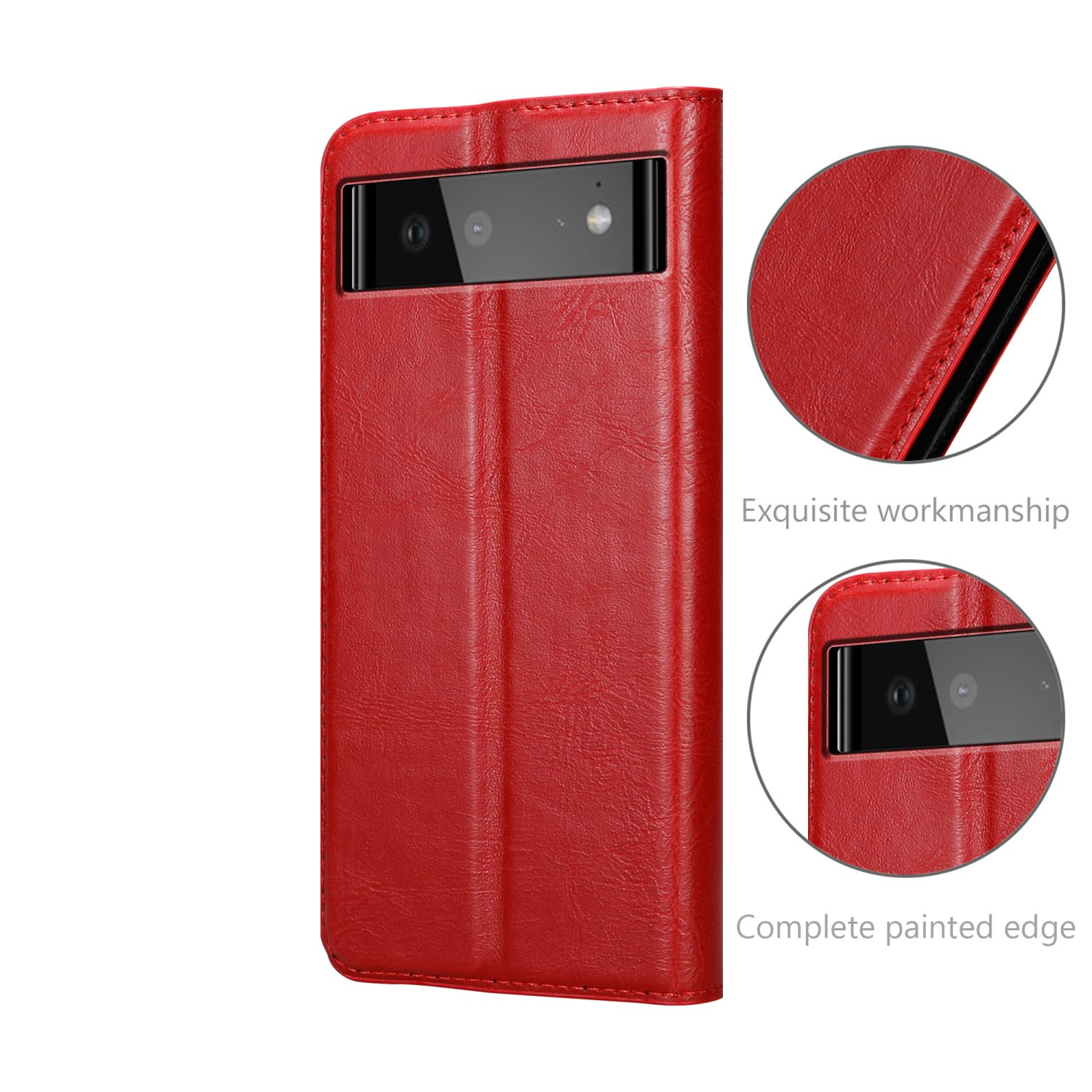 Rote Handyhülle, mit Telefon darin. Zwei Nahaufnahmen: exquisite Verarbeitung, komplett lackierter Rand.