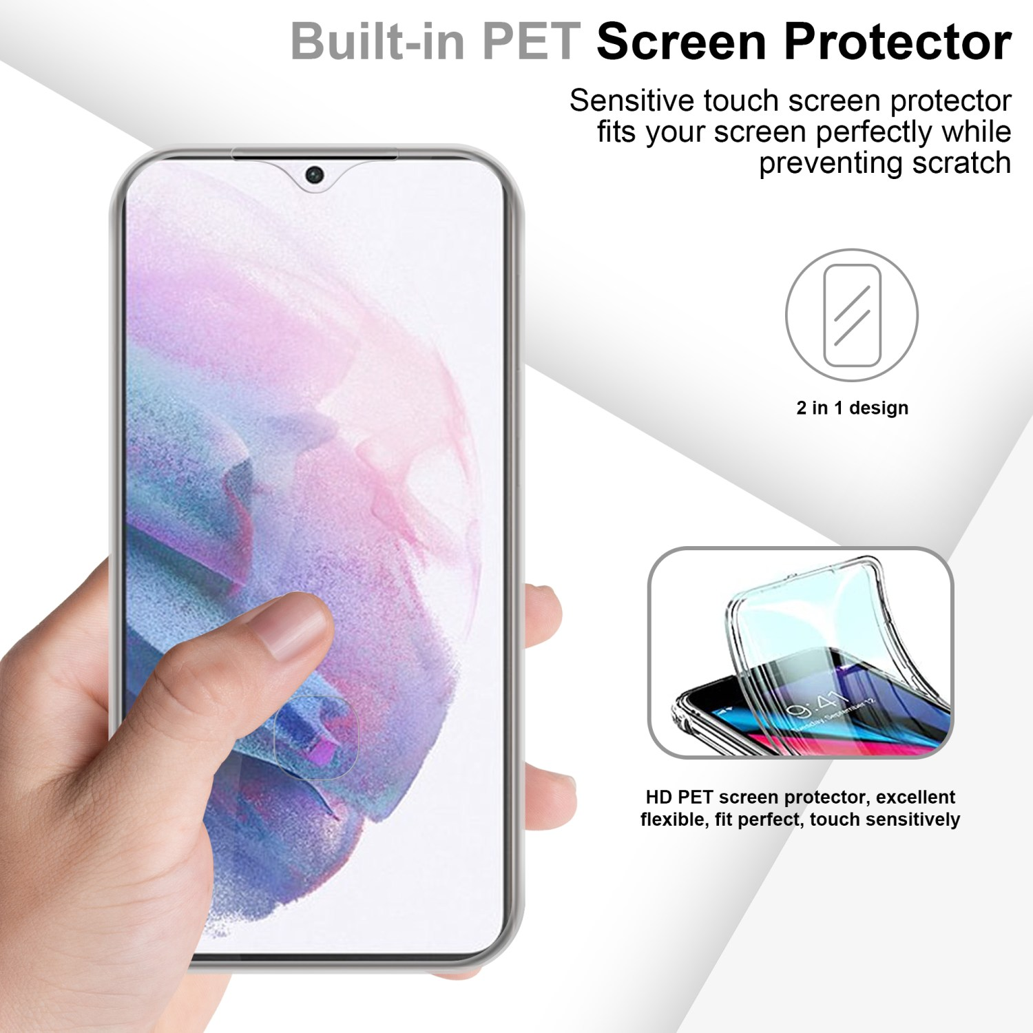 Mano che tiene un telefono con una protezione per lo schermo. Viene mostrata una seconda protezione, con il telefono all'interno.