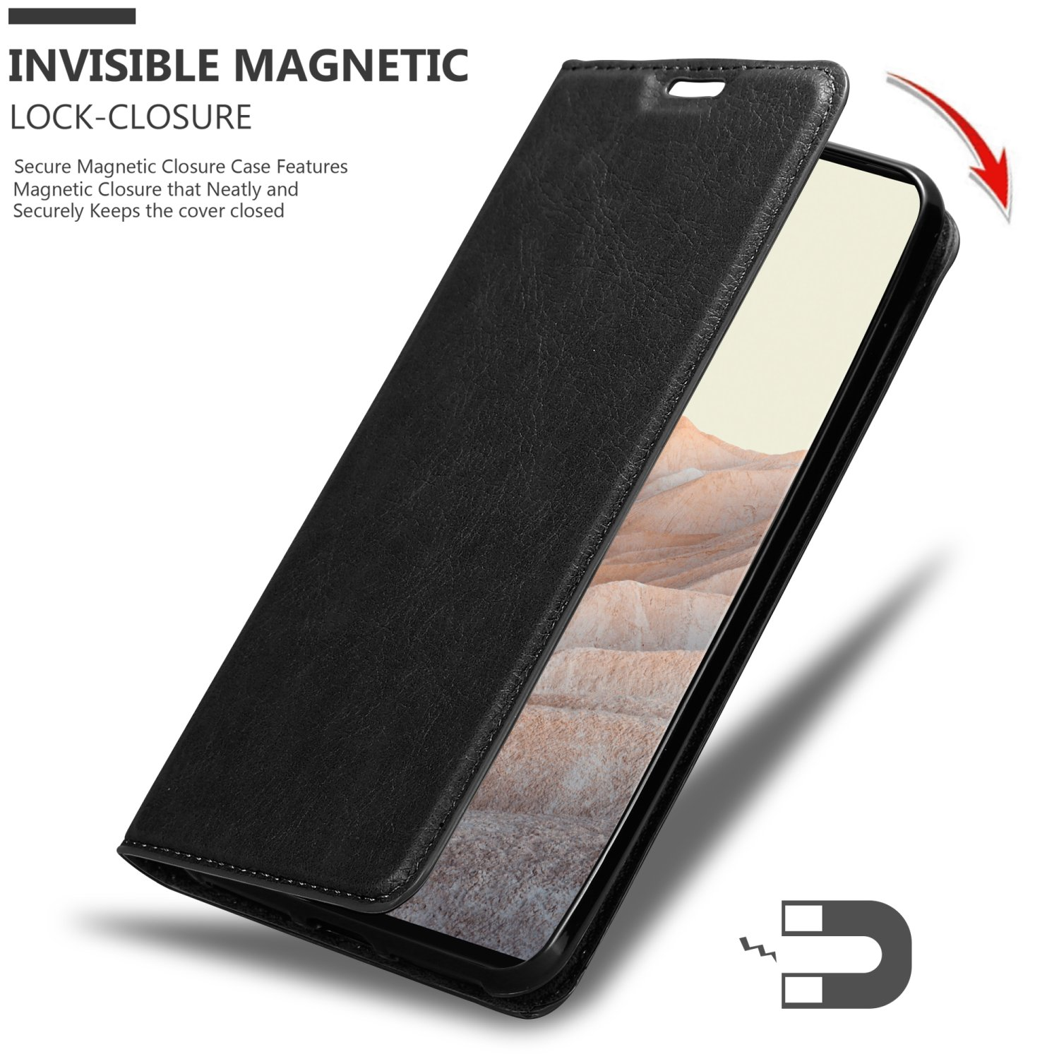 Custodia nera aperta, mostra lo schermo. Chiusura magnetica invisibile evidenziata.