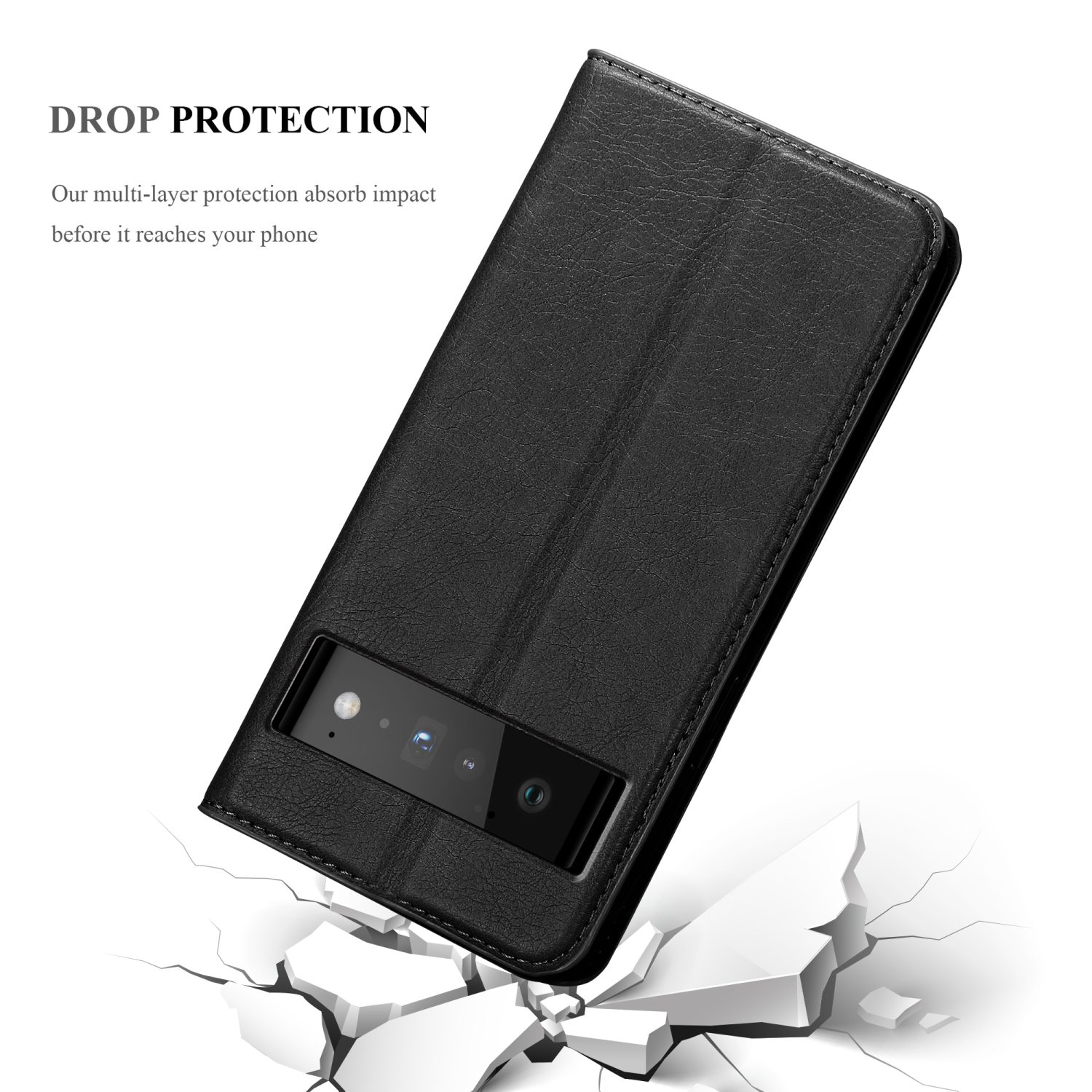 Custodia per telefono in pelle nera che protegge un telefono. La custodia è aperta, mostrando la fotocamera.
