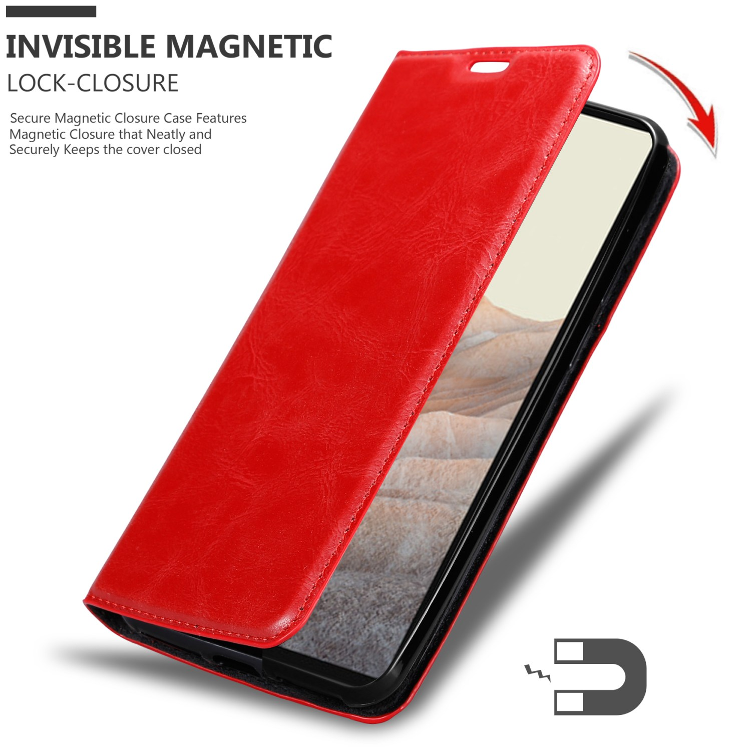 CADORABO Book Invisible Hülle Bookcover, ROT PIXEL 6, APFEL Google, Magnet