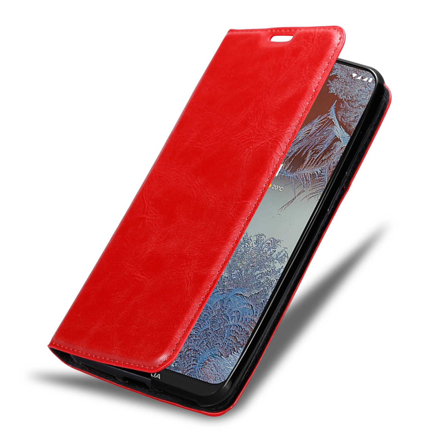 Eine rote Handyhülle geöffnet, die den Telefonbildschirm zeigt, auf weißem Hintergrund.