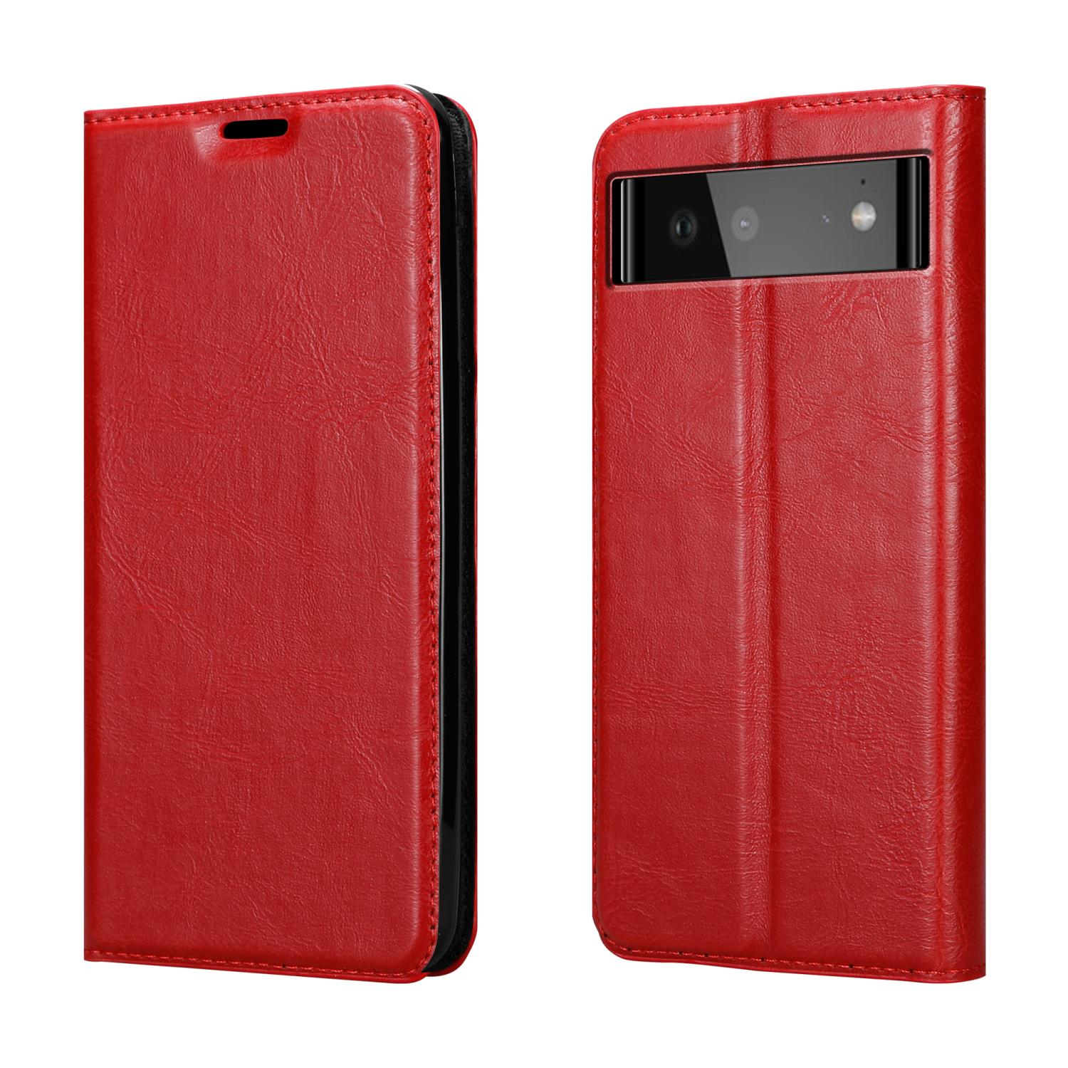 Rote Handyhülle geöffnet, mit einem Telefon im Inneren.