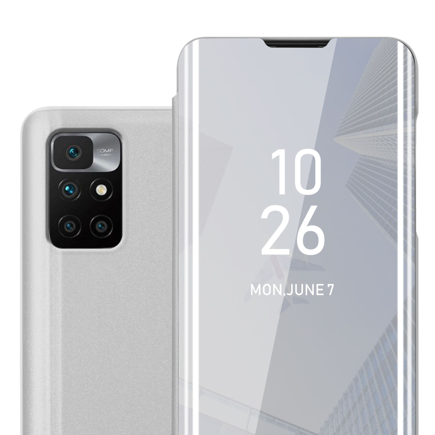Custodia argento con fotocamera e display. Il display mostra data e ora: 26/10, lun, 7 giugno.