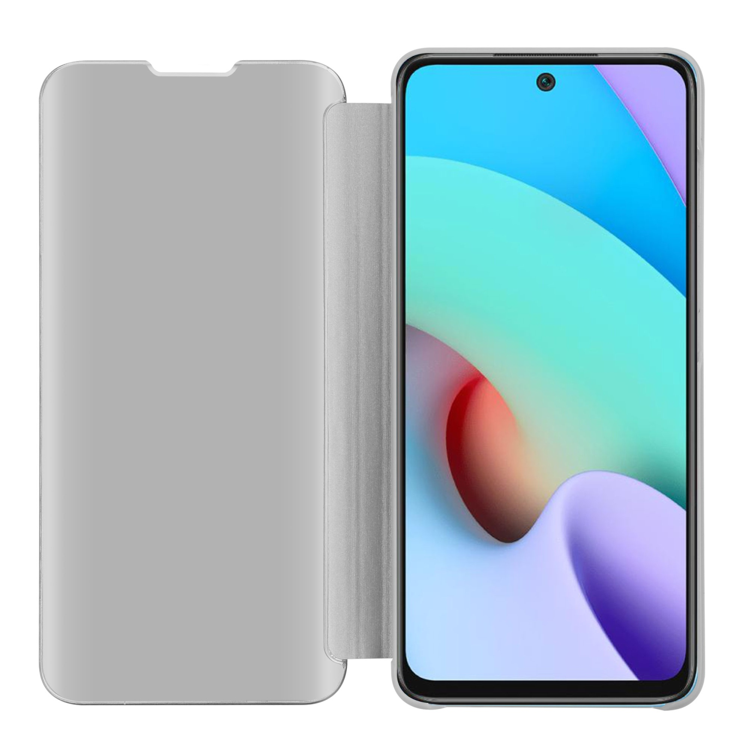 Custodia per telefono argentata con un telefono che mostra un display colorato.