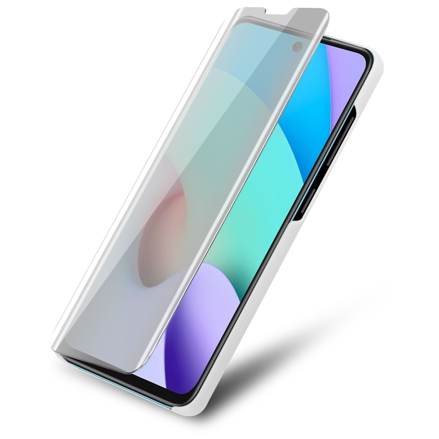 Smartphone con protezione schermo. Il telefono è bianco, la protezione è trasparente.