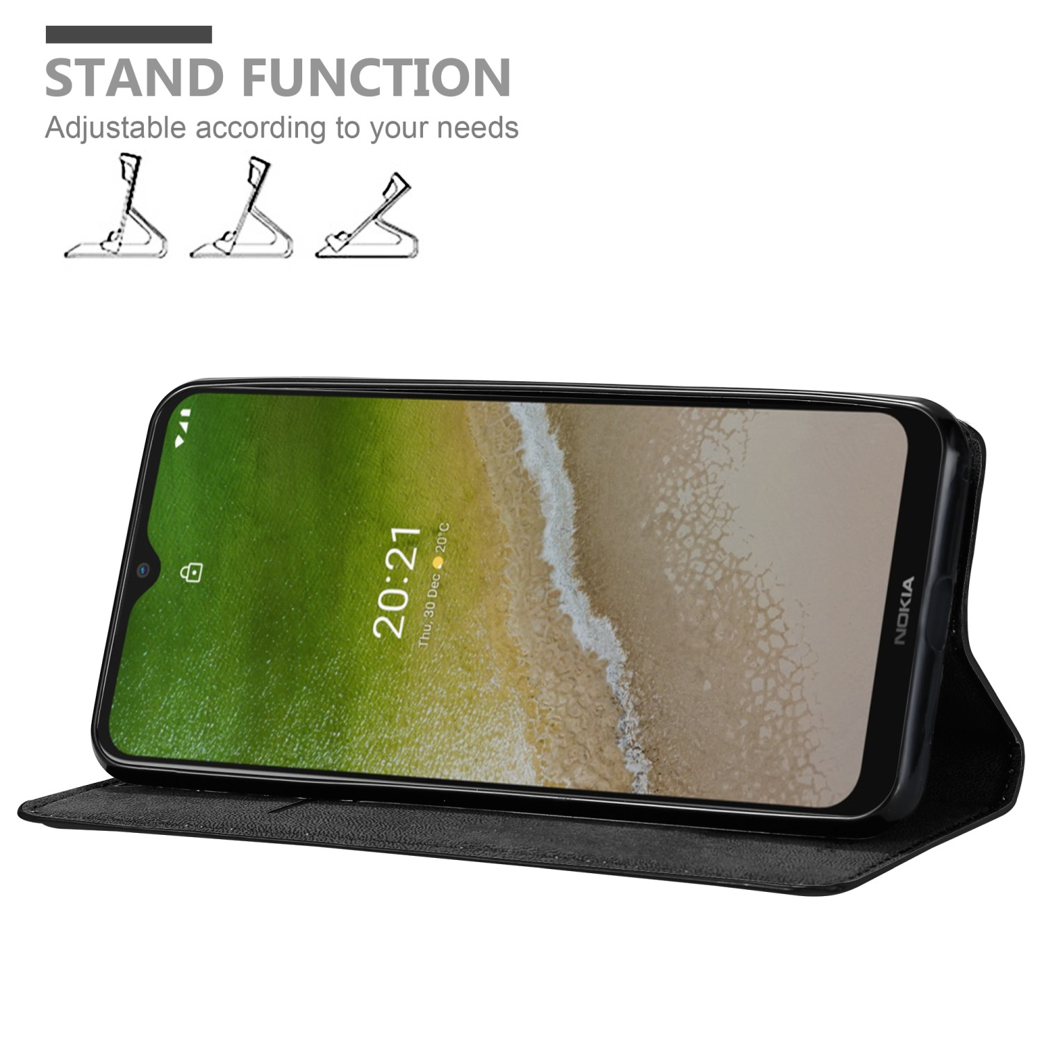Schwarzes Telefon in einem Gehäuse. Standfunktion, einstellbar. Telefon zeigt eine grüne und beige Landschaft.