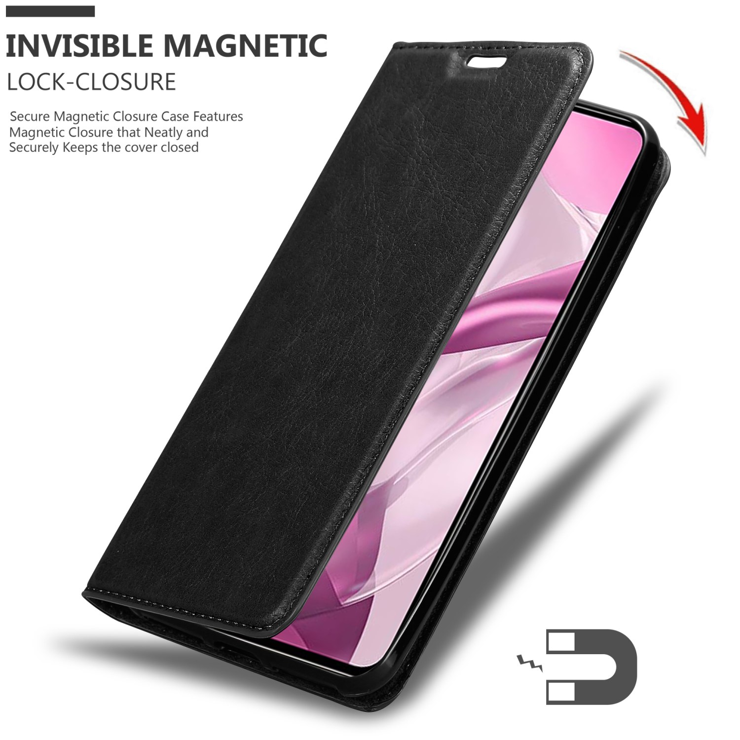 Schwarze Handyhülle mit unsichtbarem Magnetverschluss.