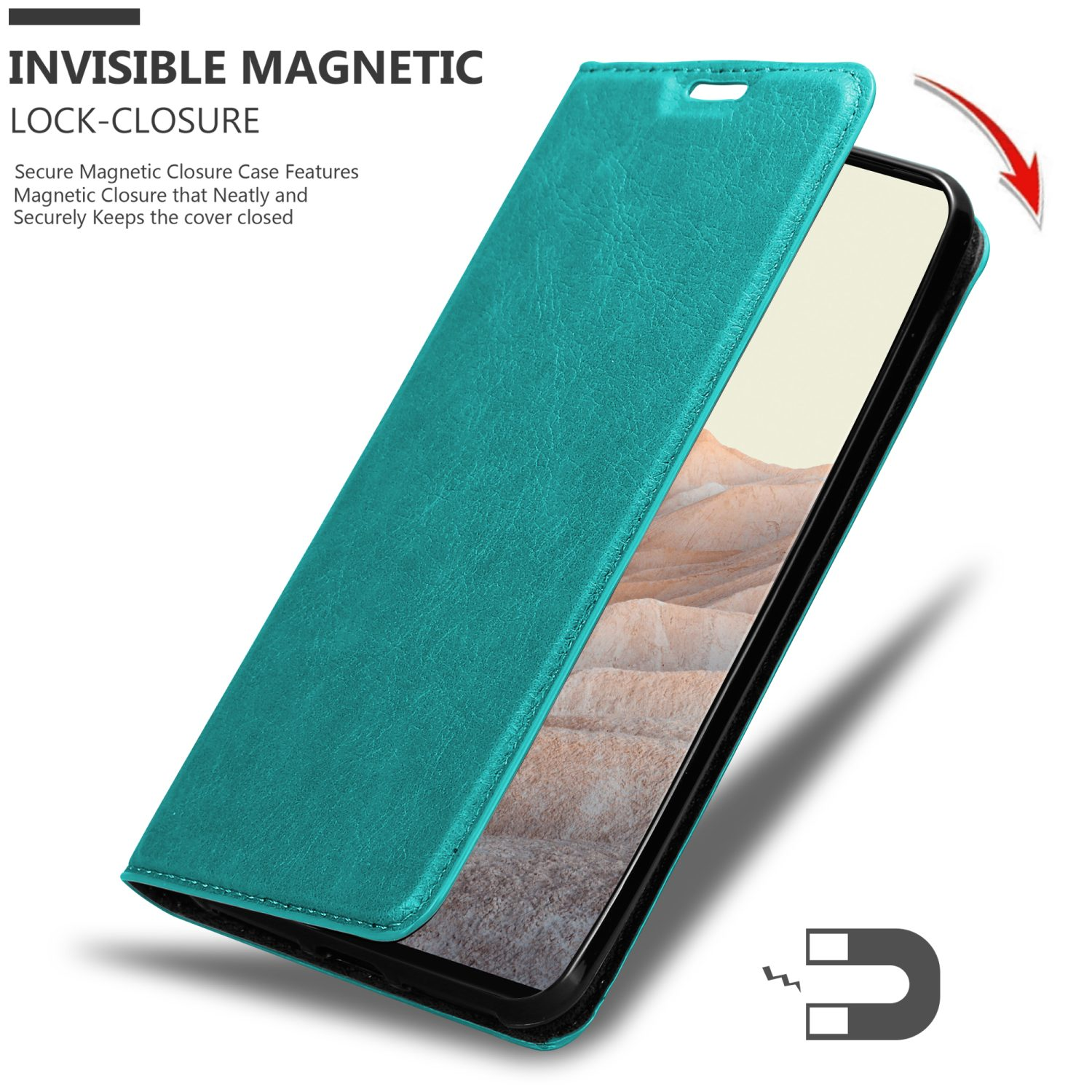Türkisfarbenes Handycase, offen, mit einem Telefon. Case hat Magnetverschluss und Magnet-Symbol.