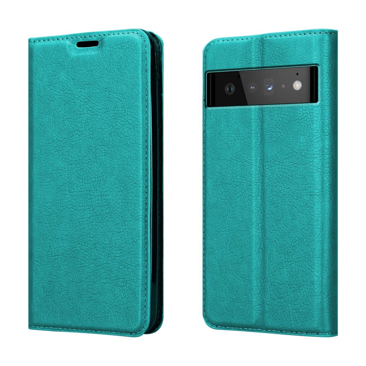 Türkisfarbene Handyhülle geöffnet, zeigt das Telefon. Die Hülle ist lederartig mit einem genähten Design.