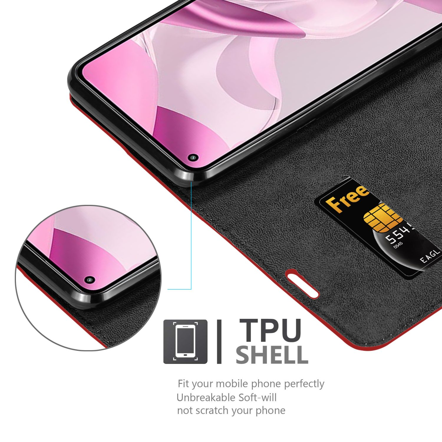 Telefon in schwarzem Gehäuse mit rotem Akzent. Eine SIM-Karte ist sichtbar. Text sagt 'TPU SHELL'.