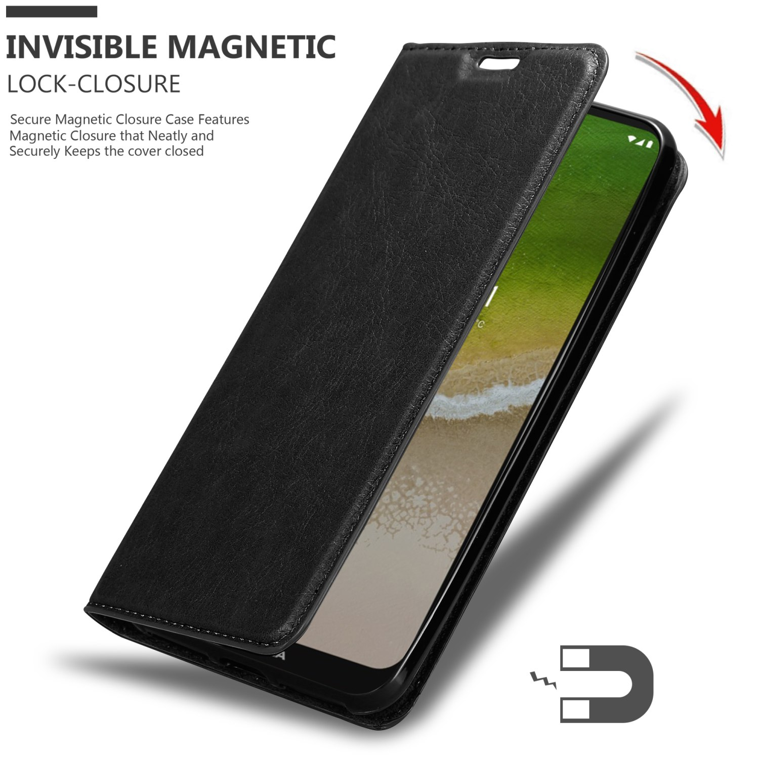 Eine schwarze Leder-Geldbörsenhülle geöffnet, zeigt ein Telefon und ein Magnetverschluss-Symbol.