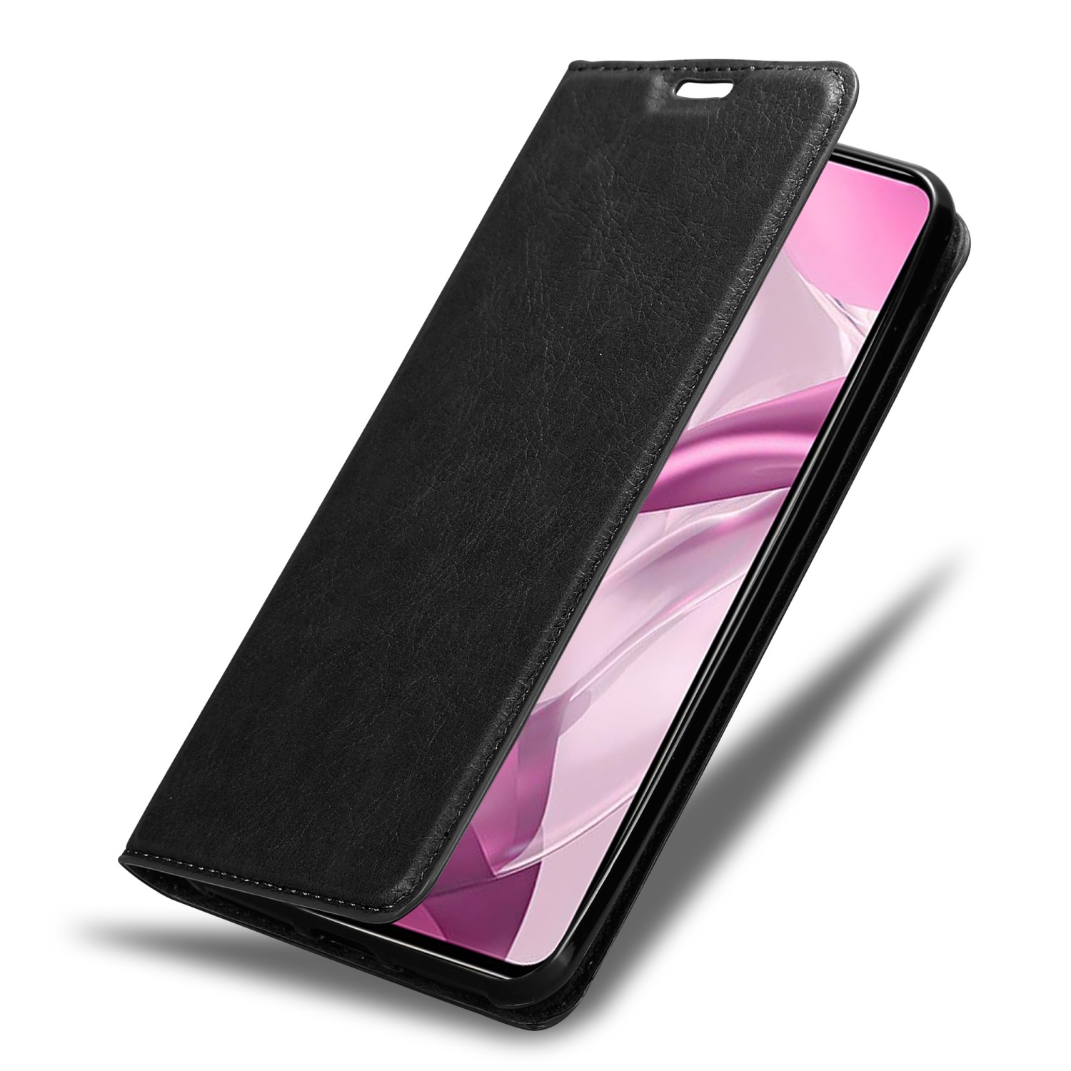 Schwarze Handyhülle, geöffnet, um ein Telefon zu zeigen. Die Hülle ist lederartig und der Bildschirm ist sichtbar.